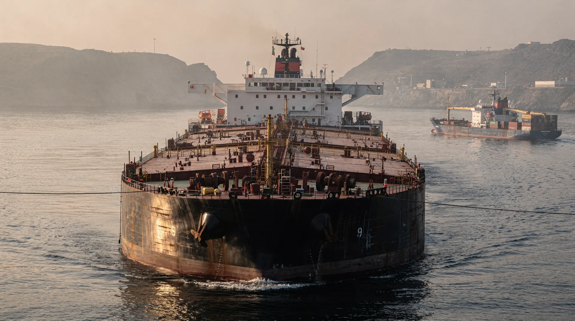 Oil tanker silhouette at dusk near coastal strait