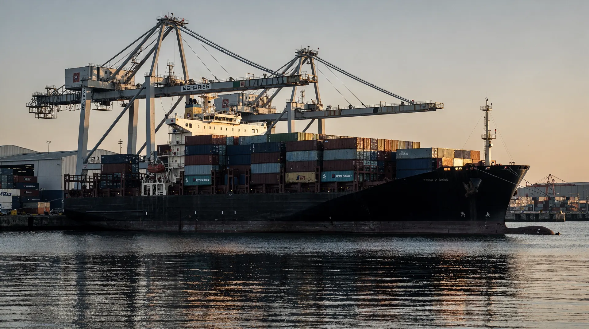 A container ship sits beside port cranes at dawn, with stacked containers and still harbor water.