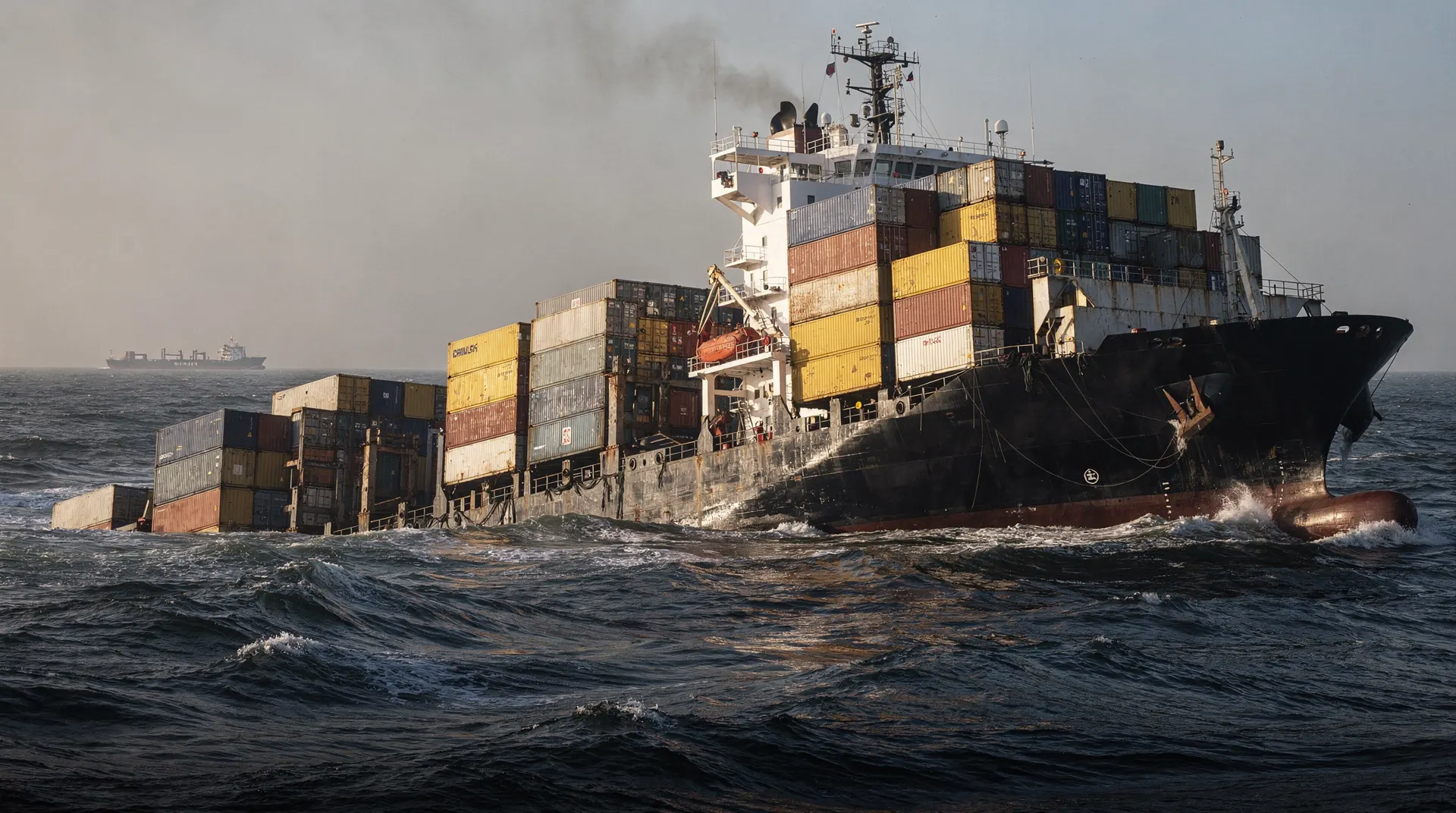 A container ship lists low in hazy water as another merchant vessel passes in the distance.