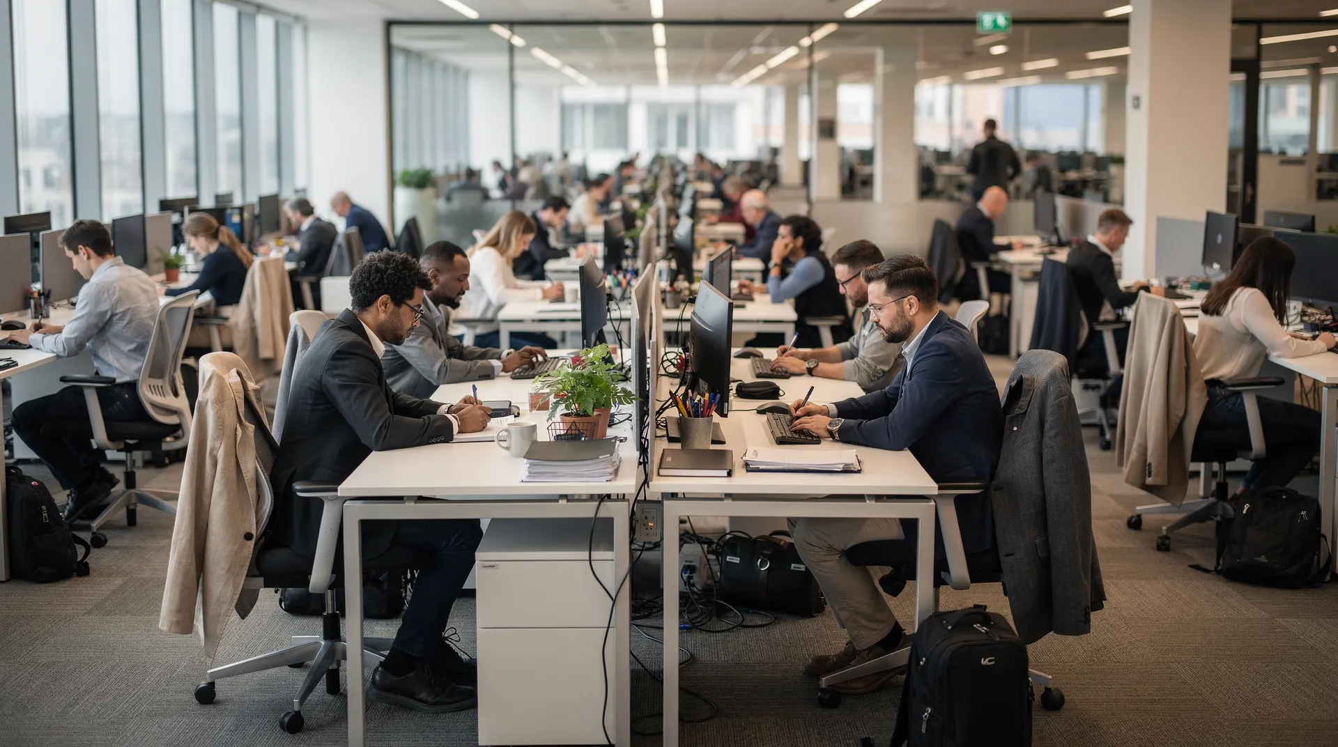 A busy open-plan office floor with every desk and chair occupied by workers