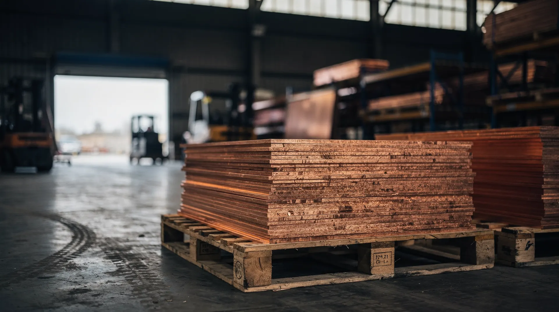 Copper cathode sheets stacked on pallets beside open bays in a softly lit warehouse.