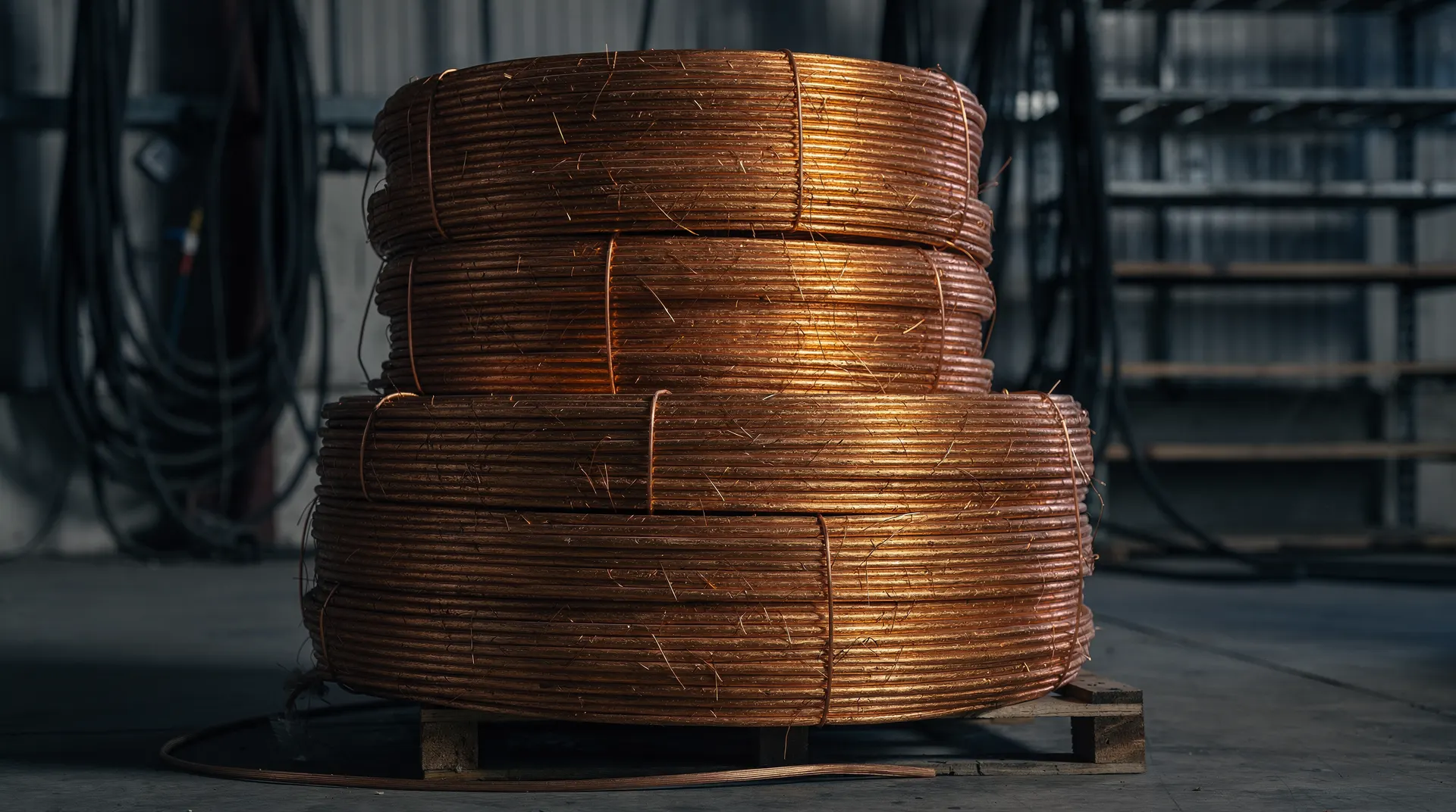 Copper wire coils stacked in a warehouse, with heavy electrical cable softly visible behind them.