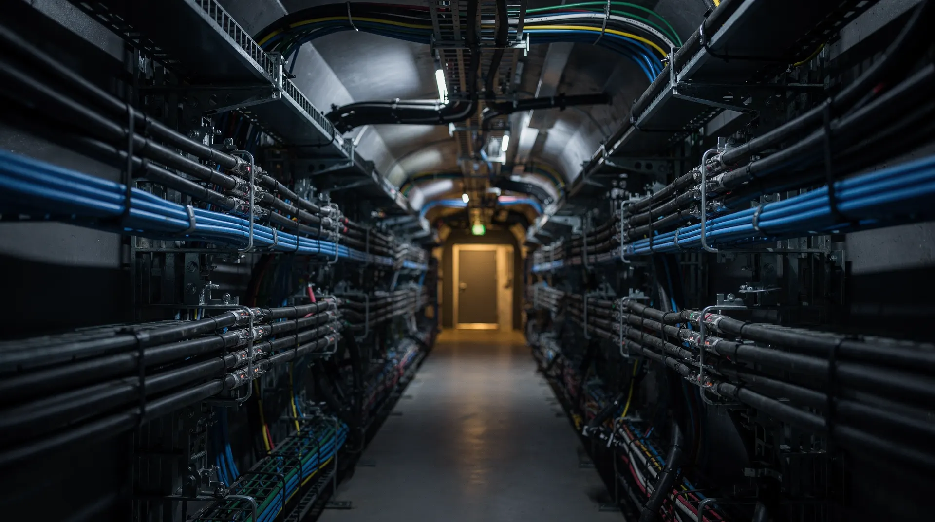 Server racks recede down a dim data center aisle beneath overhead cooling pipes.