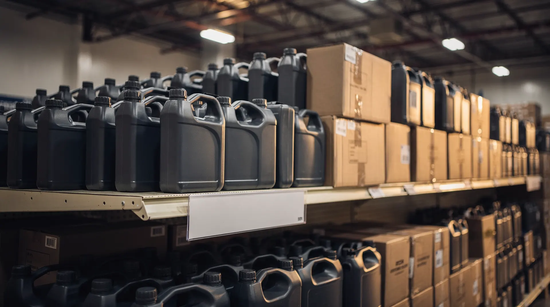 Warehouse-store aisle with stacked plastic motor oil bottles and several empty shelf slots under warm overhead light.