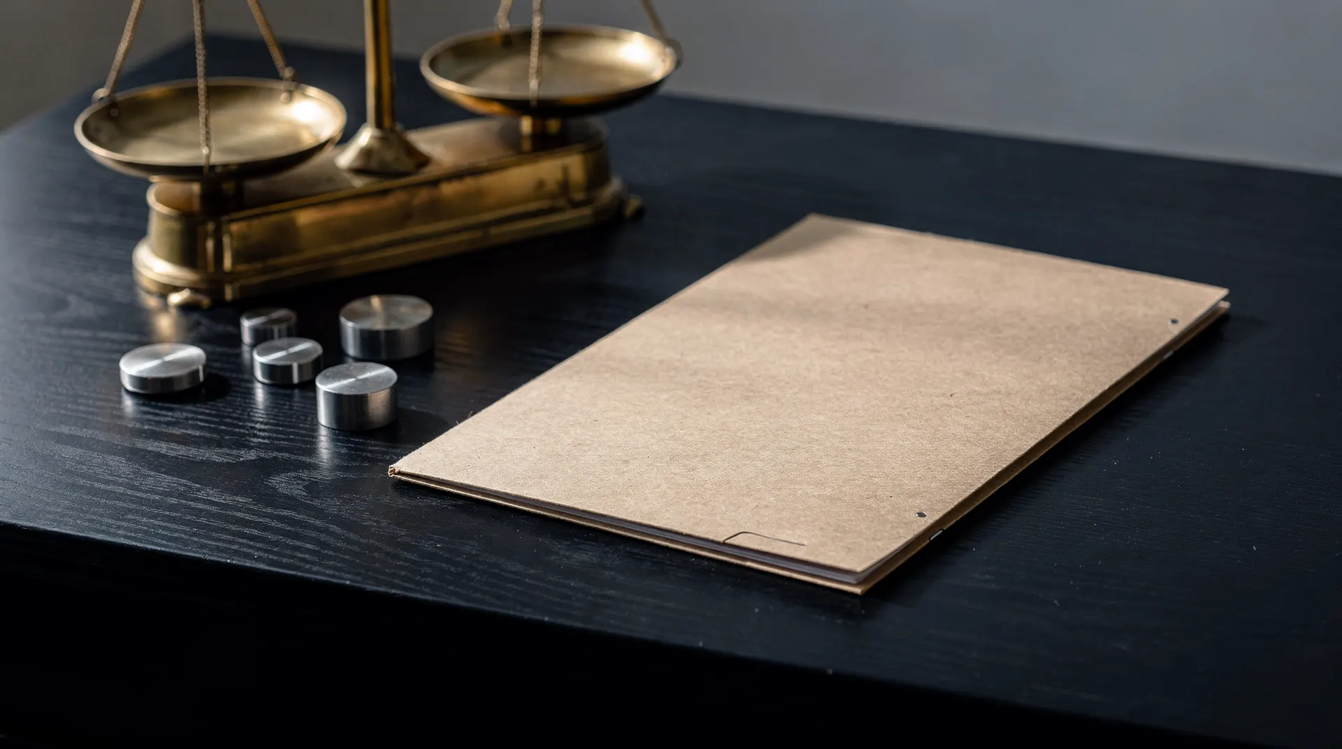 An unmarked paper folder rests beside a brass balance scale and plain metal weights on a dark desk.