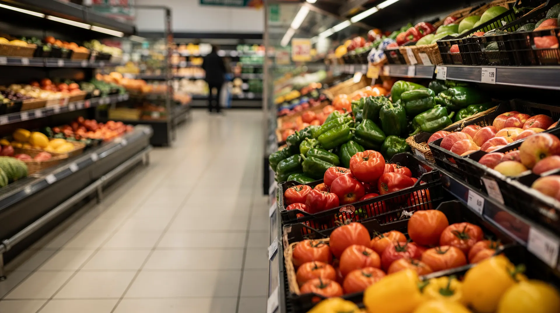 Supermarket produce aisle with price tags out of focus
