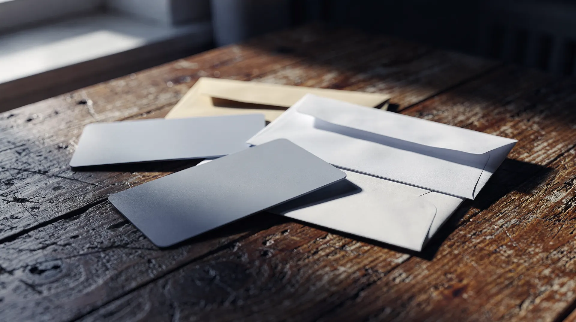 Plain credit cards and sealed envelopes rest on a worn kitchen table in soft window light.
