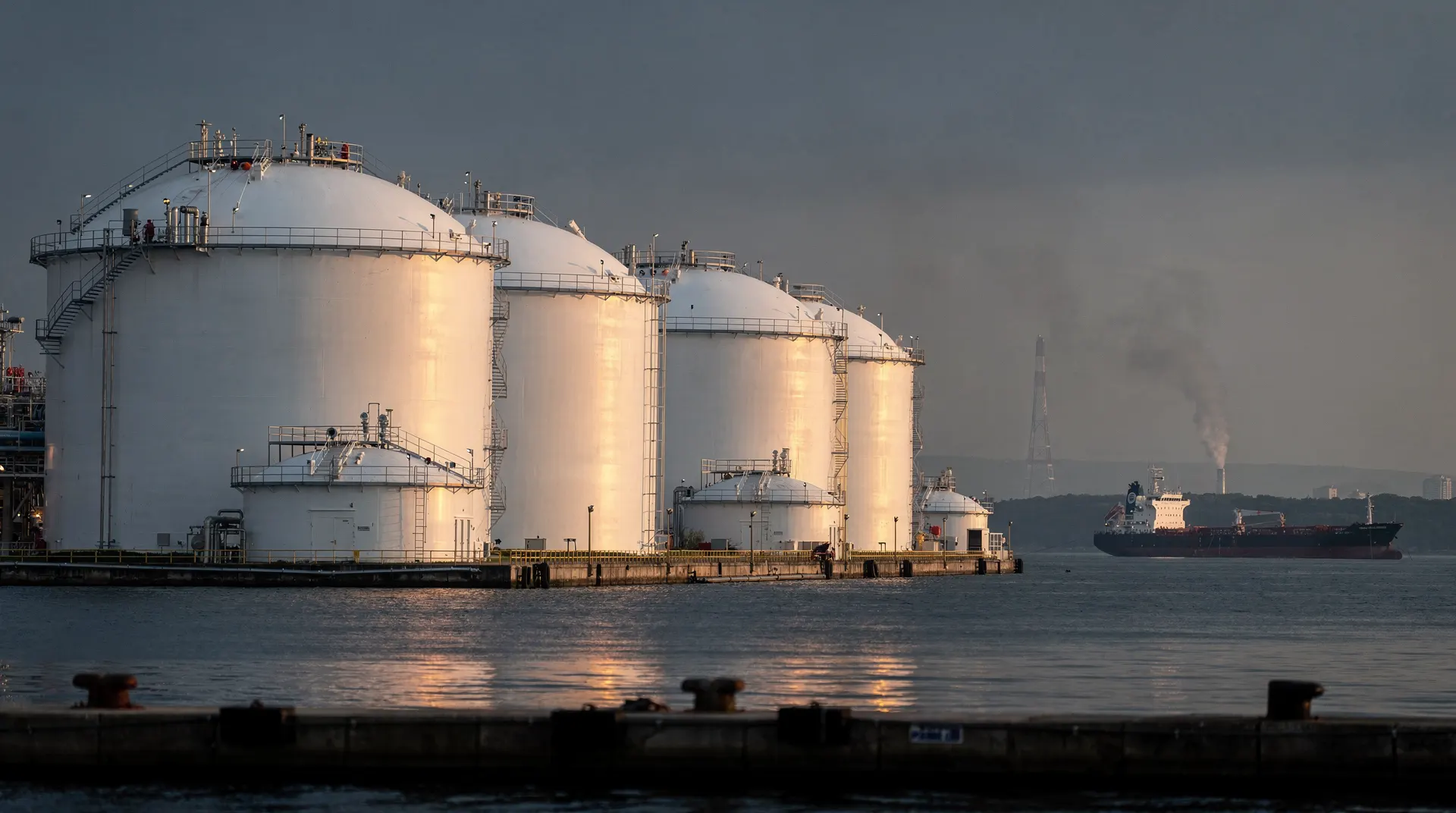 Oil storage tanks at dusk, with a tanker offshore and a faint plume of smoke in the distance.