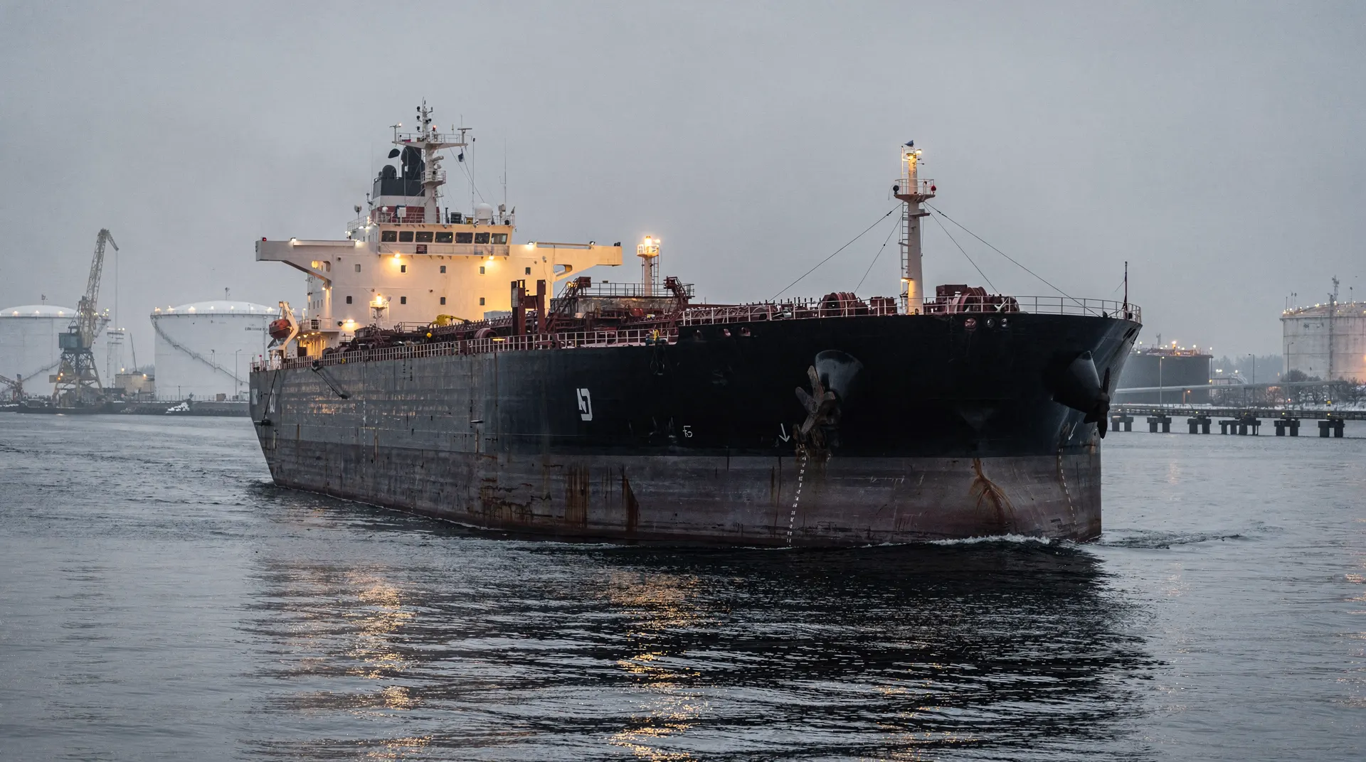 An unmarked crude oil tanker waits offshore from storage tanks and loading jetties under low cloud.