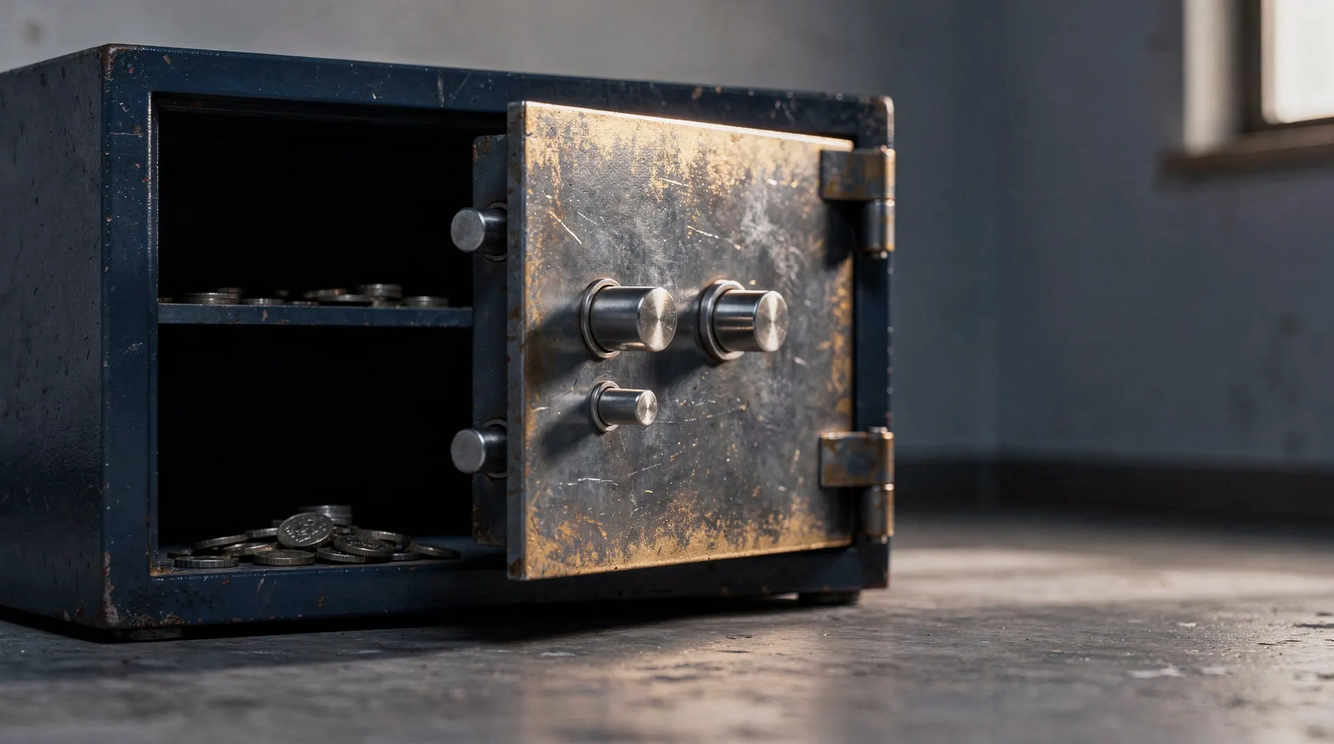 A heavy vault door stands partly open, with unmarked metal coins visible inside.