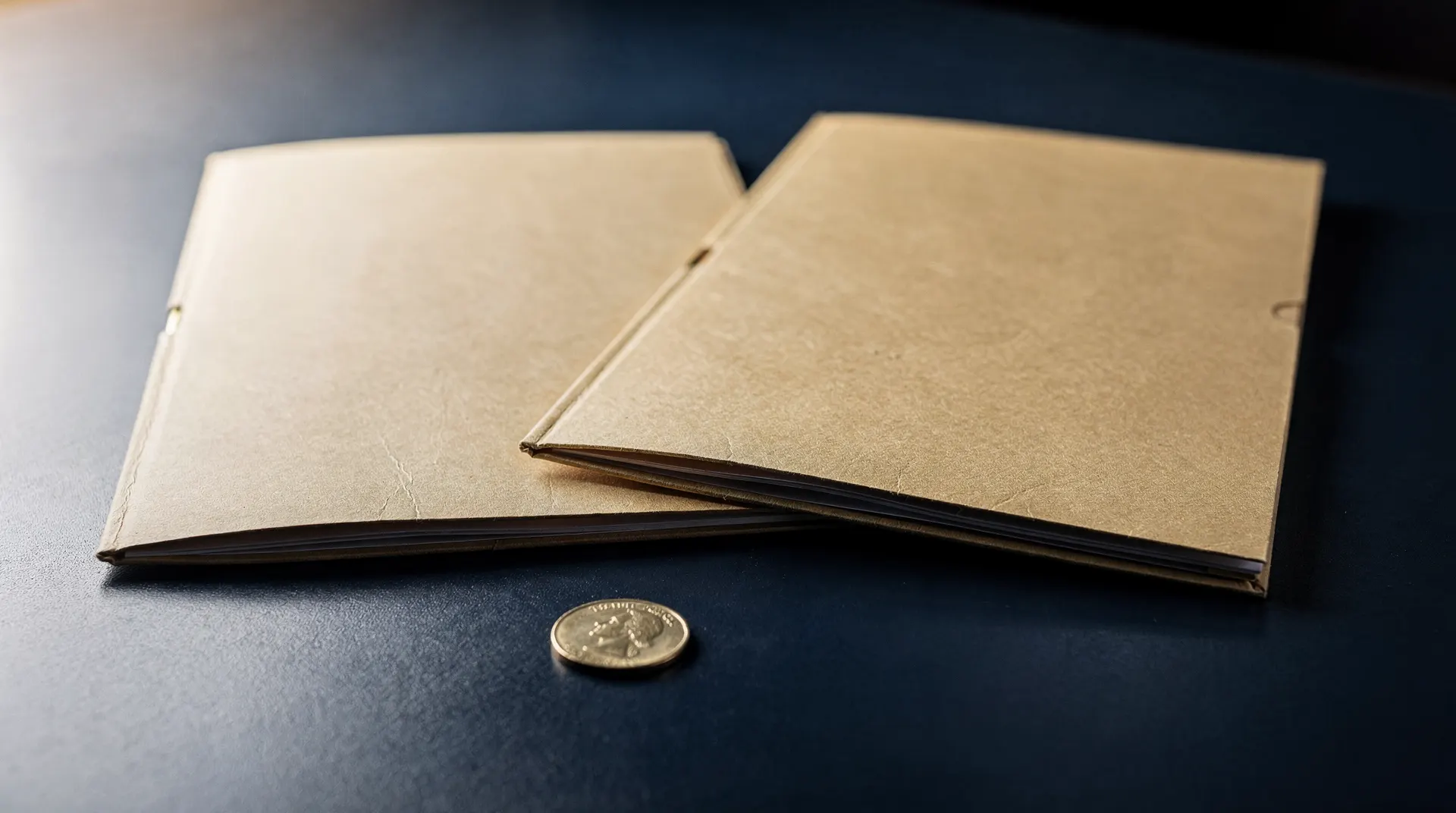 Two closed folders and an unmarked metal coin rest on a dark desk in side light.