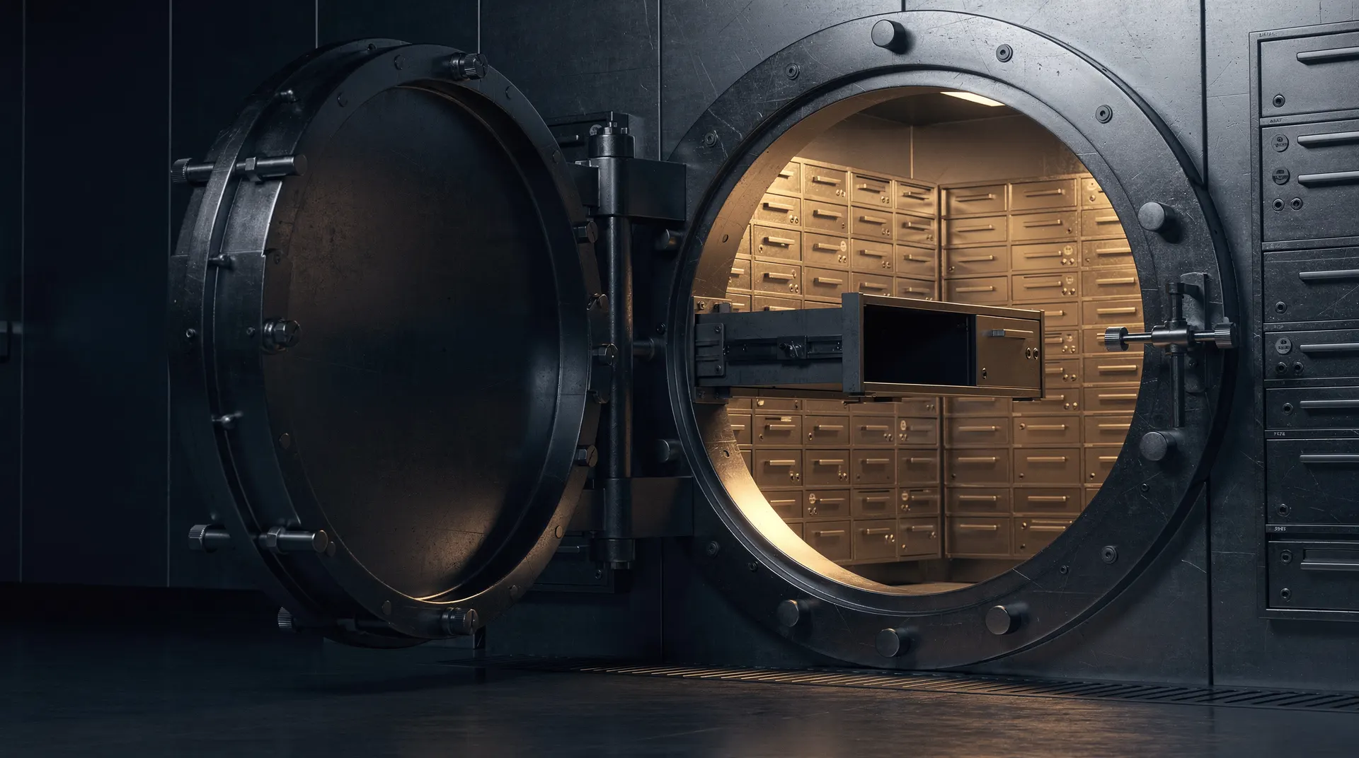 Bank vault with two round steel doors, one closing in shadow and one open in golden light