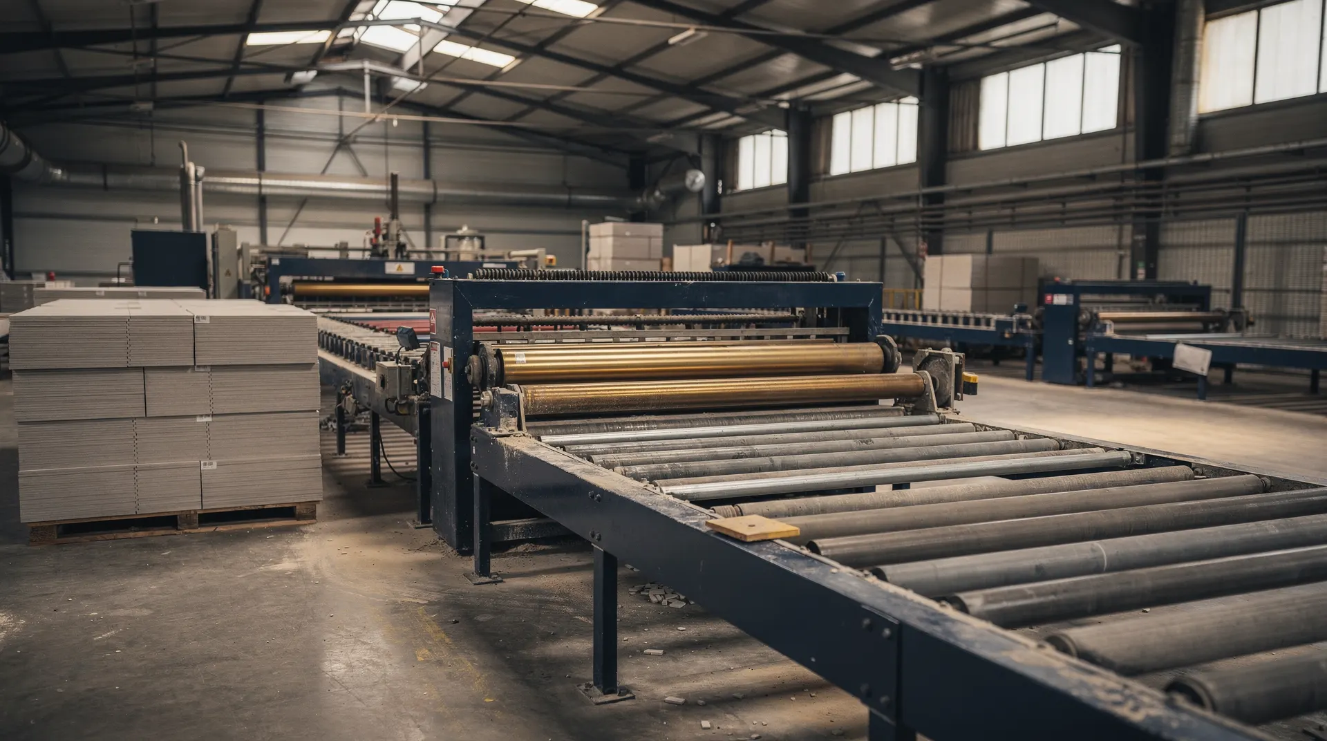 An idle tile production line and stacks of floor tiles inside an empty factory.