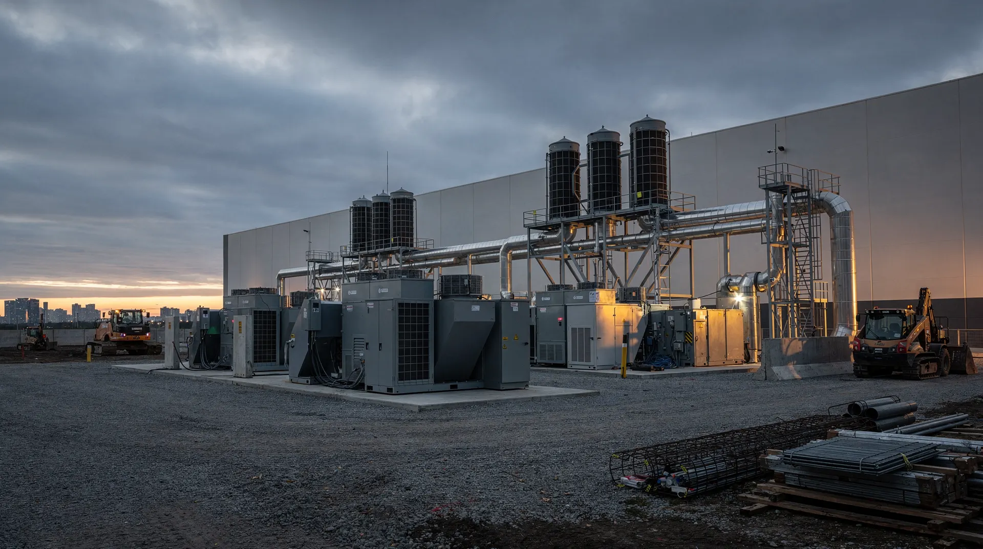 An unfinished data center hall stands beside a power substation and construction cranes at dusk.