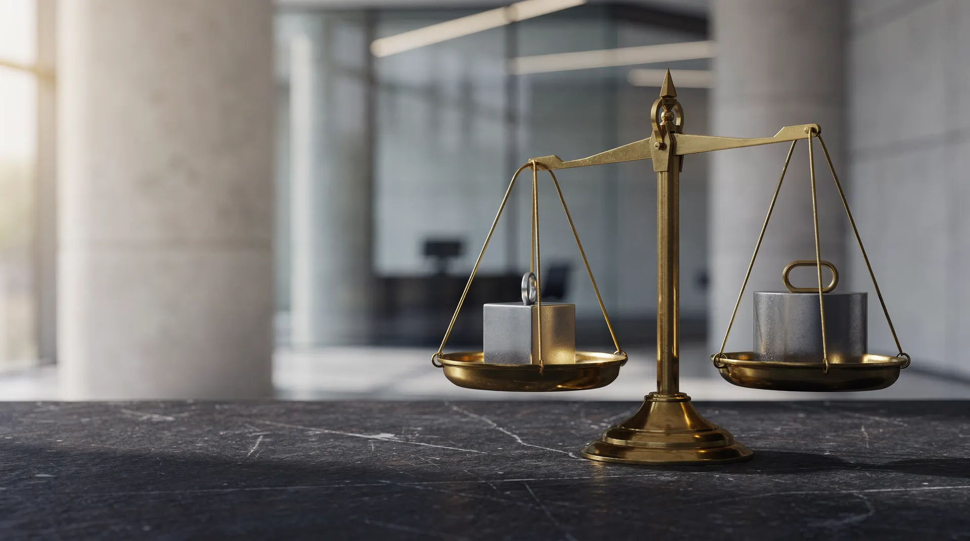 A brass balance scale with two unmarked weights stands on a dark tabletop before blurred stone architecture.