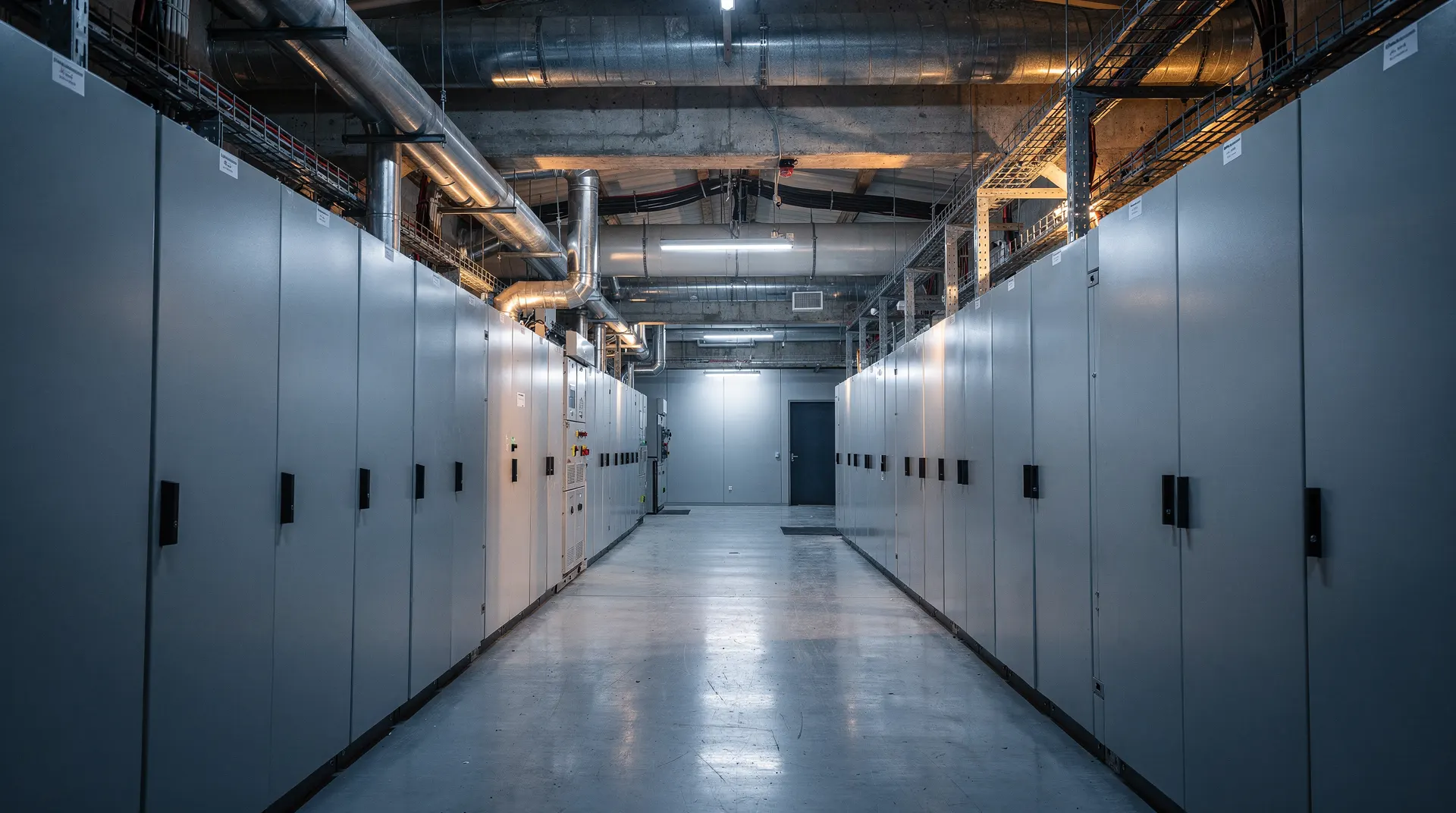 An empty data-center aisle with rows of closed server cabinets receding into blue shadow.