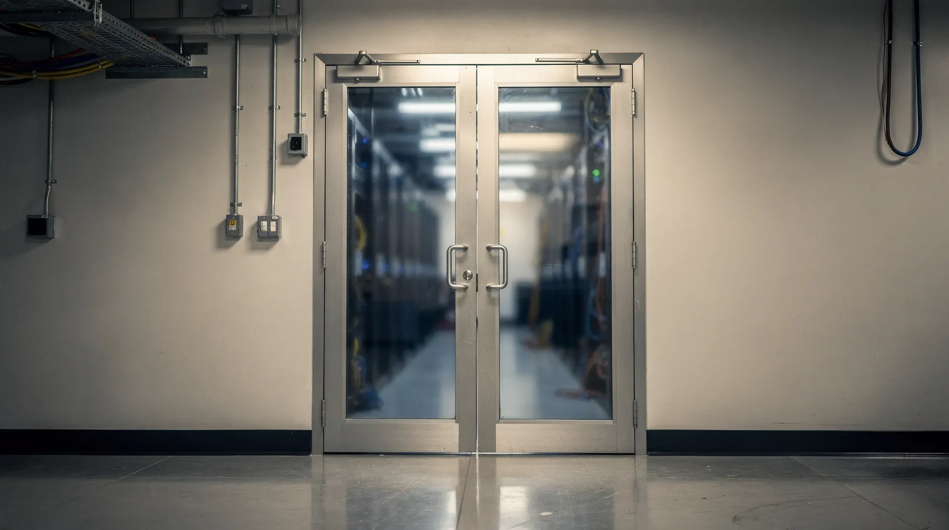 A closed glass access door stands before rows of server racks in a dim IT room.