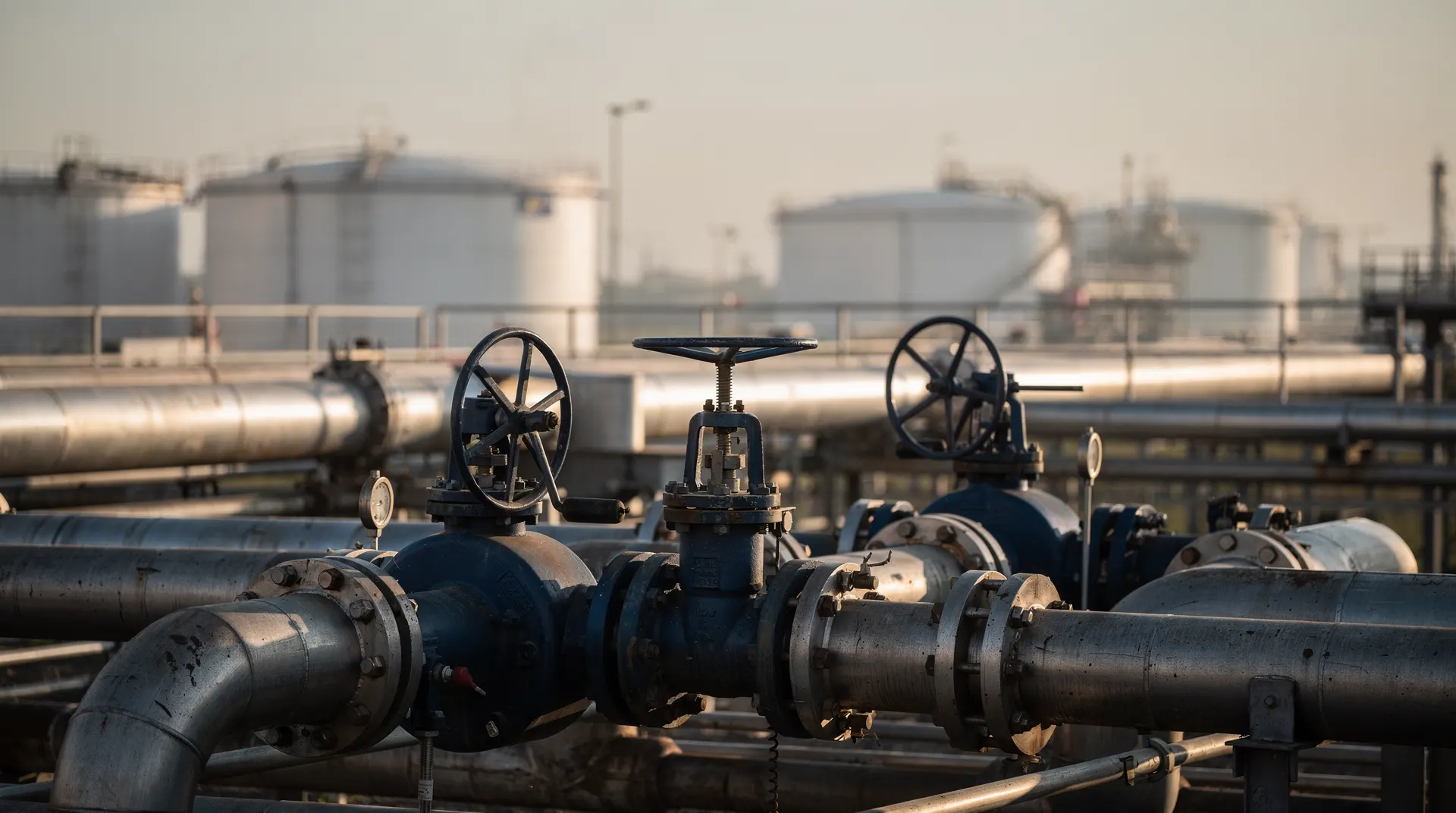 Pipeline valves stand before refinery pipework and distant storage tanks in late-day light.