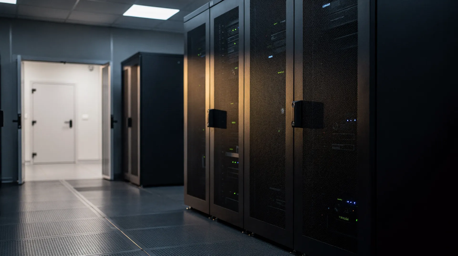 Closed server cabinets line a dim data-center aisle under subdued lighting.