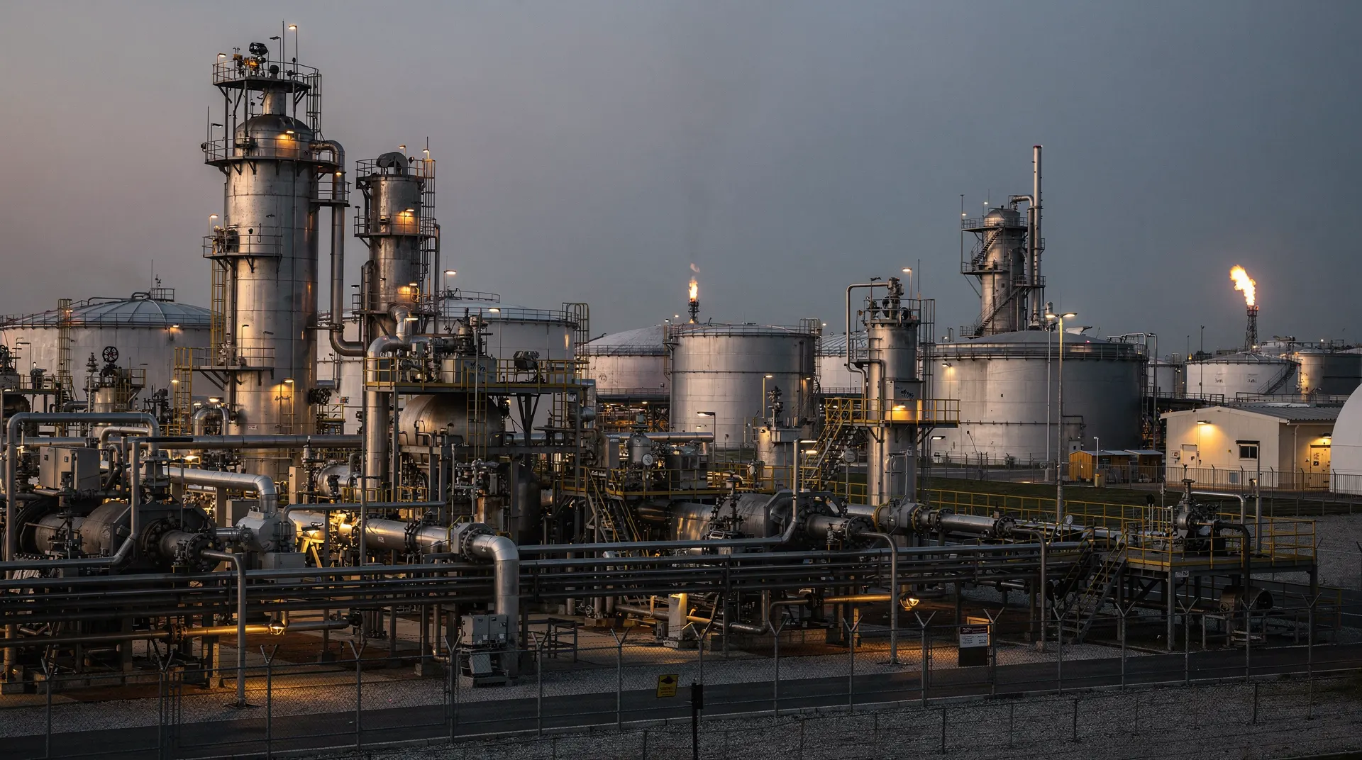 Refinery processing units and storage tanks at dusk, with a small industrial flare in the distance.