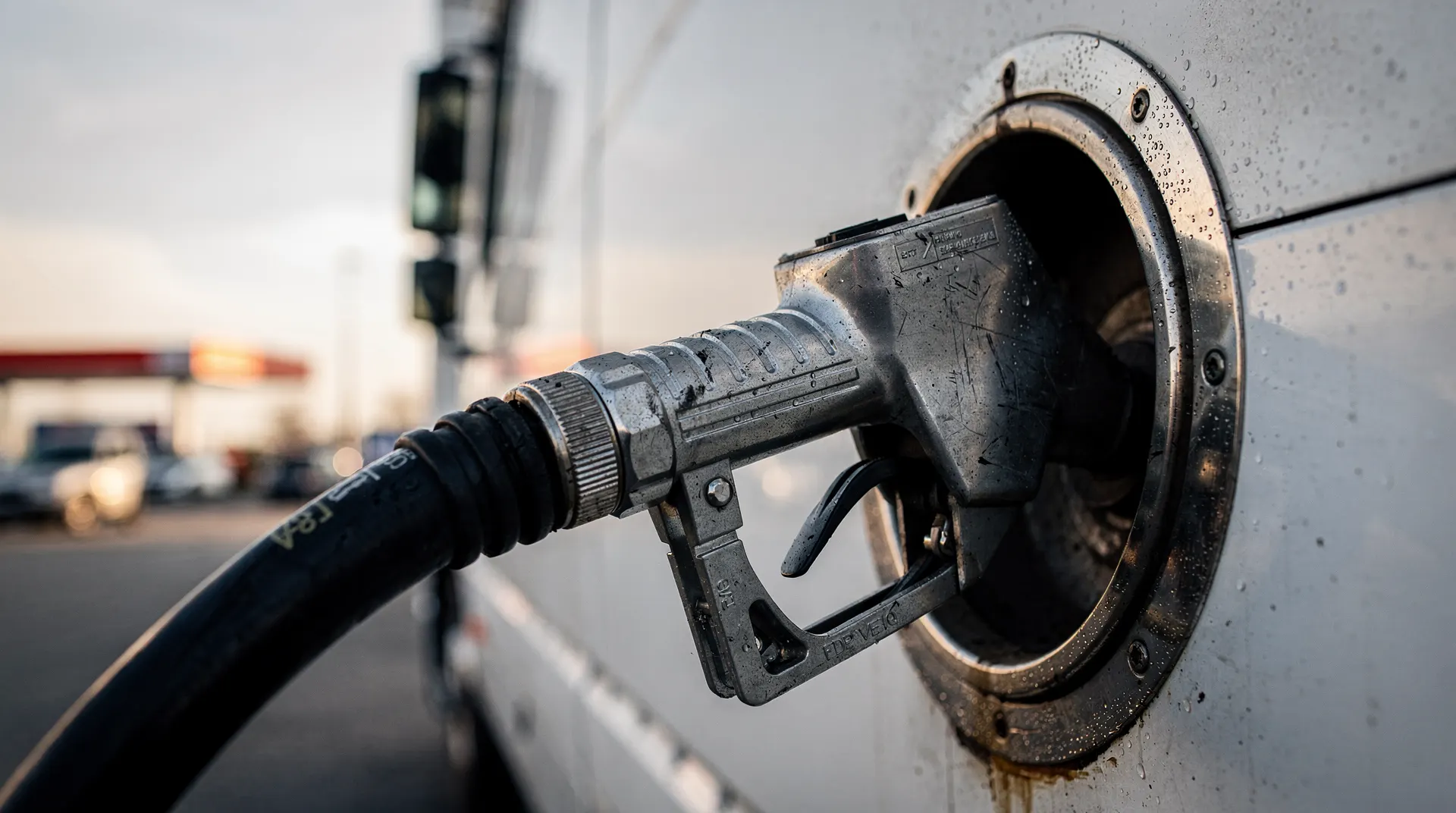 Diesel nozzle in a freight truck's fuel tank, with the truck body fading into the background.