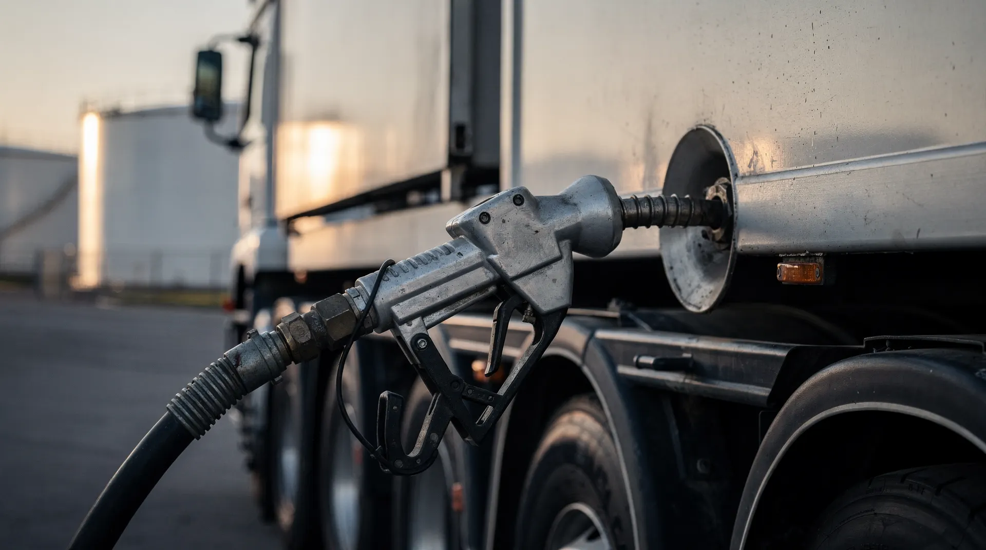 A fuel nozzle sits in a freight truck’s tank, with storage tanks blurred behind it.