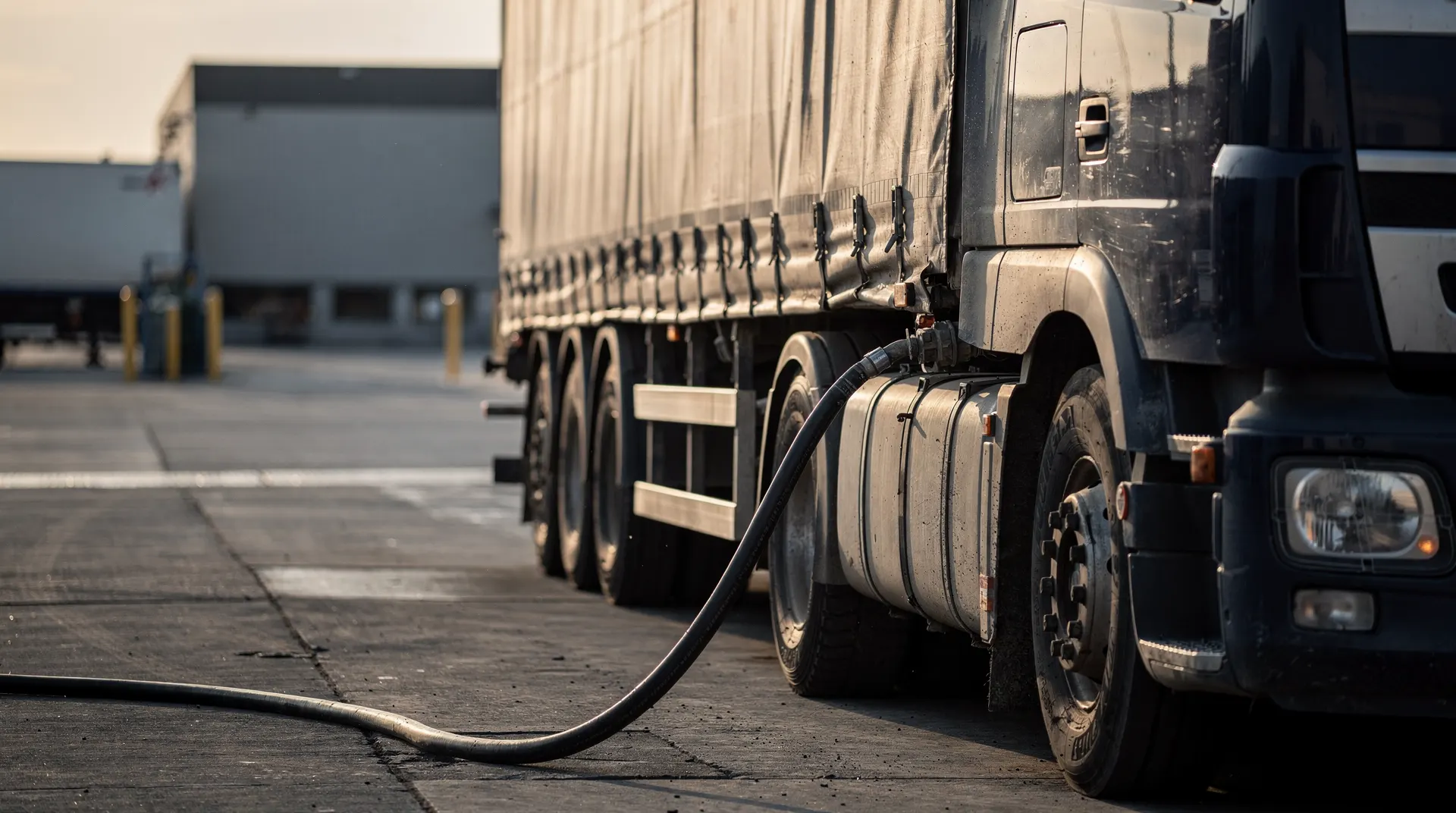 A fuel nozzle fills the tank of a freight truck at an industrial fuel stop.