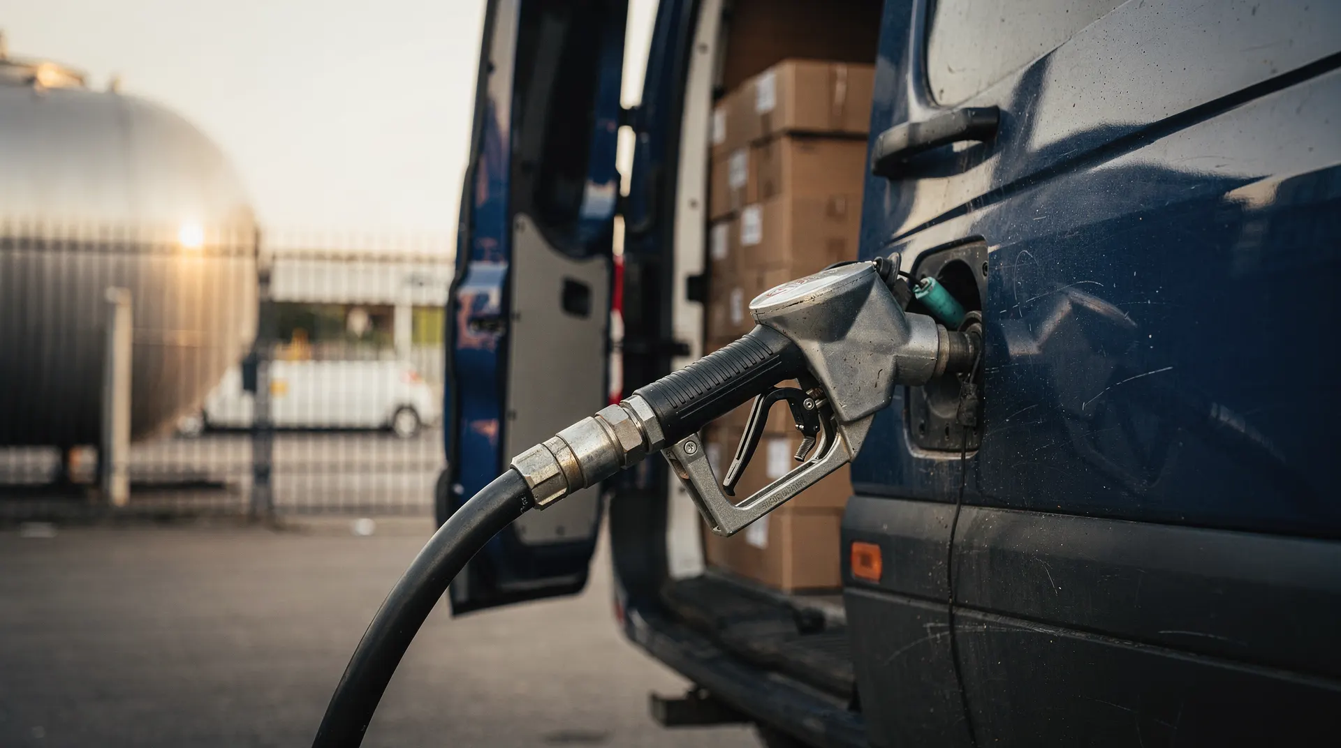 A diesel nozzle fills an unmarked delivery van with plain parcels visible through its open rear doors.