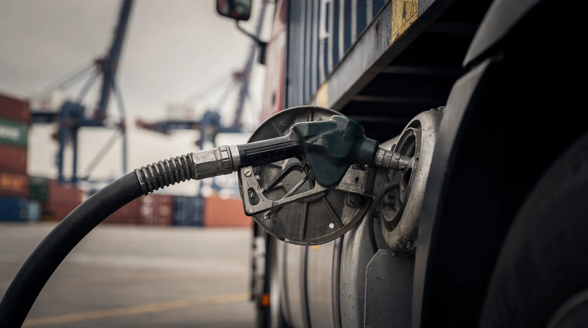 A diesel nozzle fills a freight truck’s tank, with shipping containers and port cranes blurred behind it.