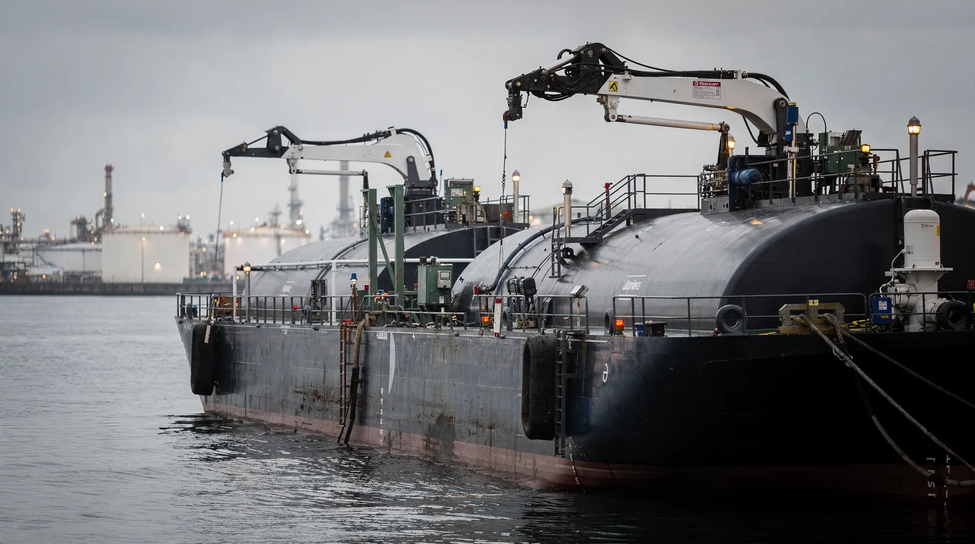 An unmarked fuel tanker waits beneath idle loading arms at a marine terminal.