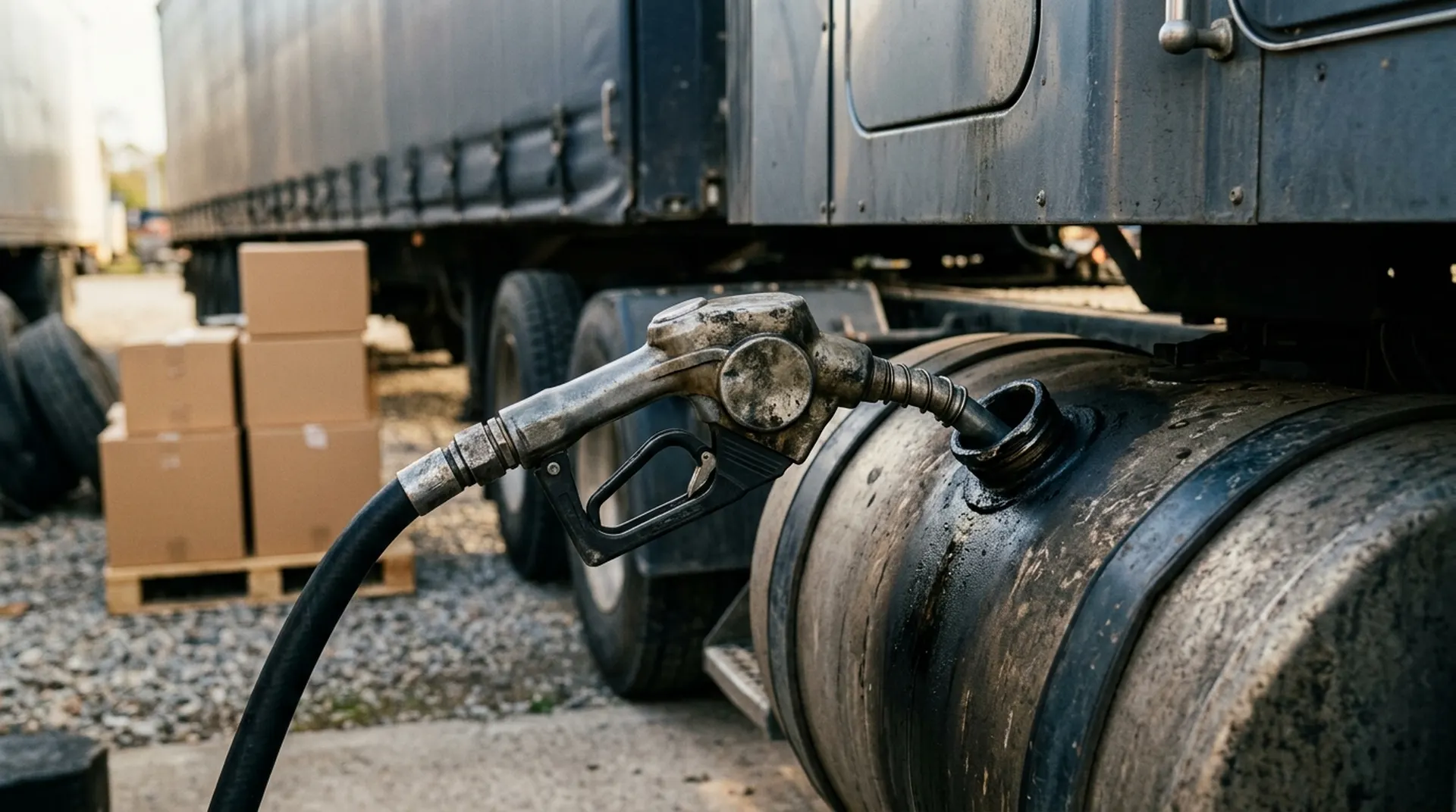 A diesel nozzle fills a freight truck, with plain shipping boxes blurred behind it.