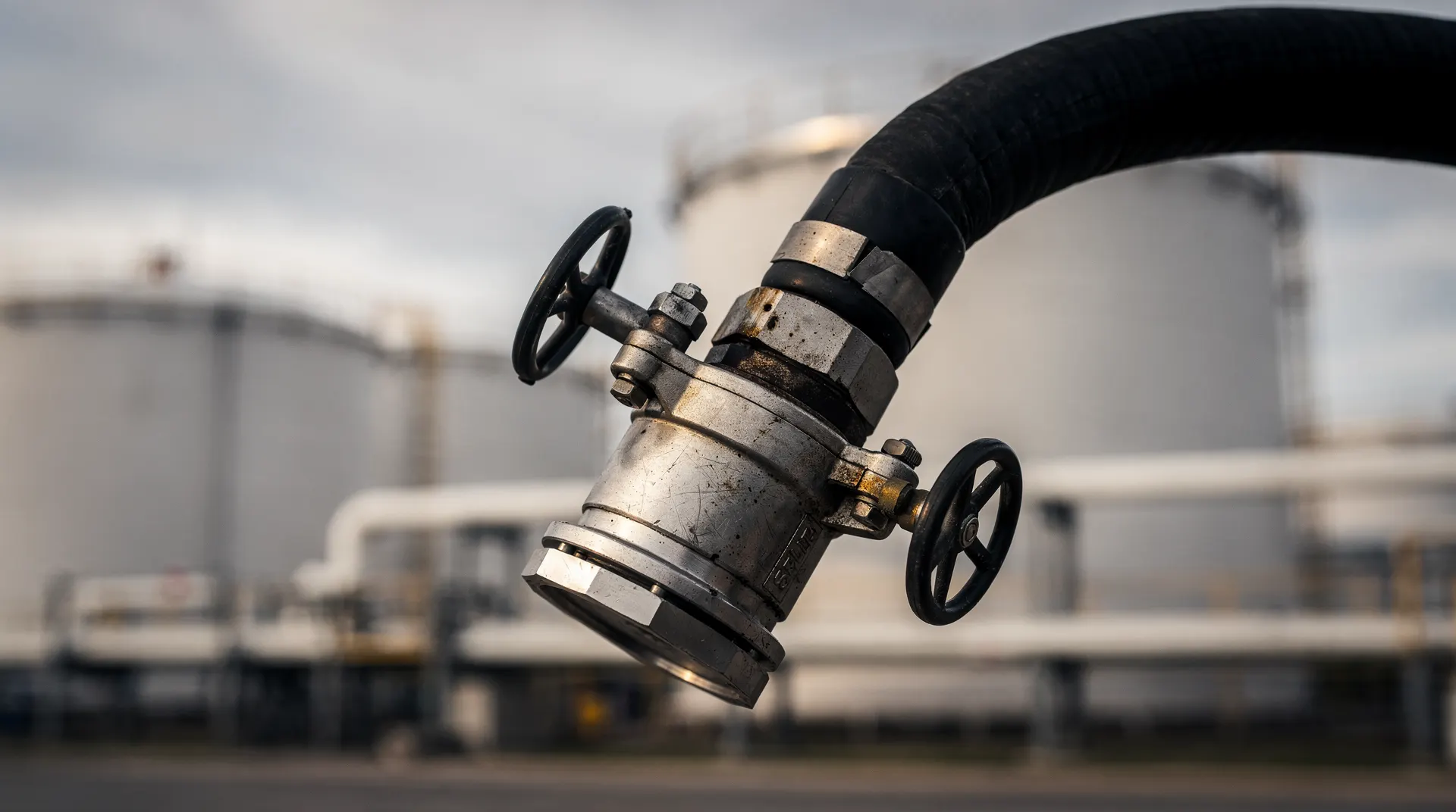 A capped fuel-loading hose hangs idle in front of storage tanks at an industrial depot.