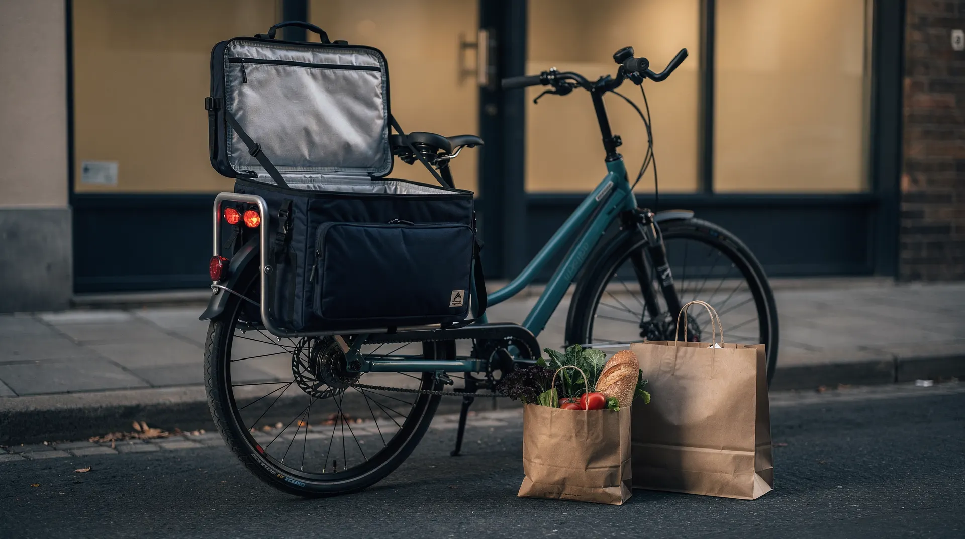 An insulated delivery bag on a cargo bicycle sits beside grocery and restaurant takeout bags.