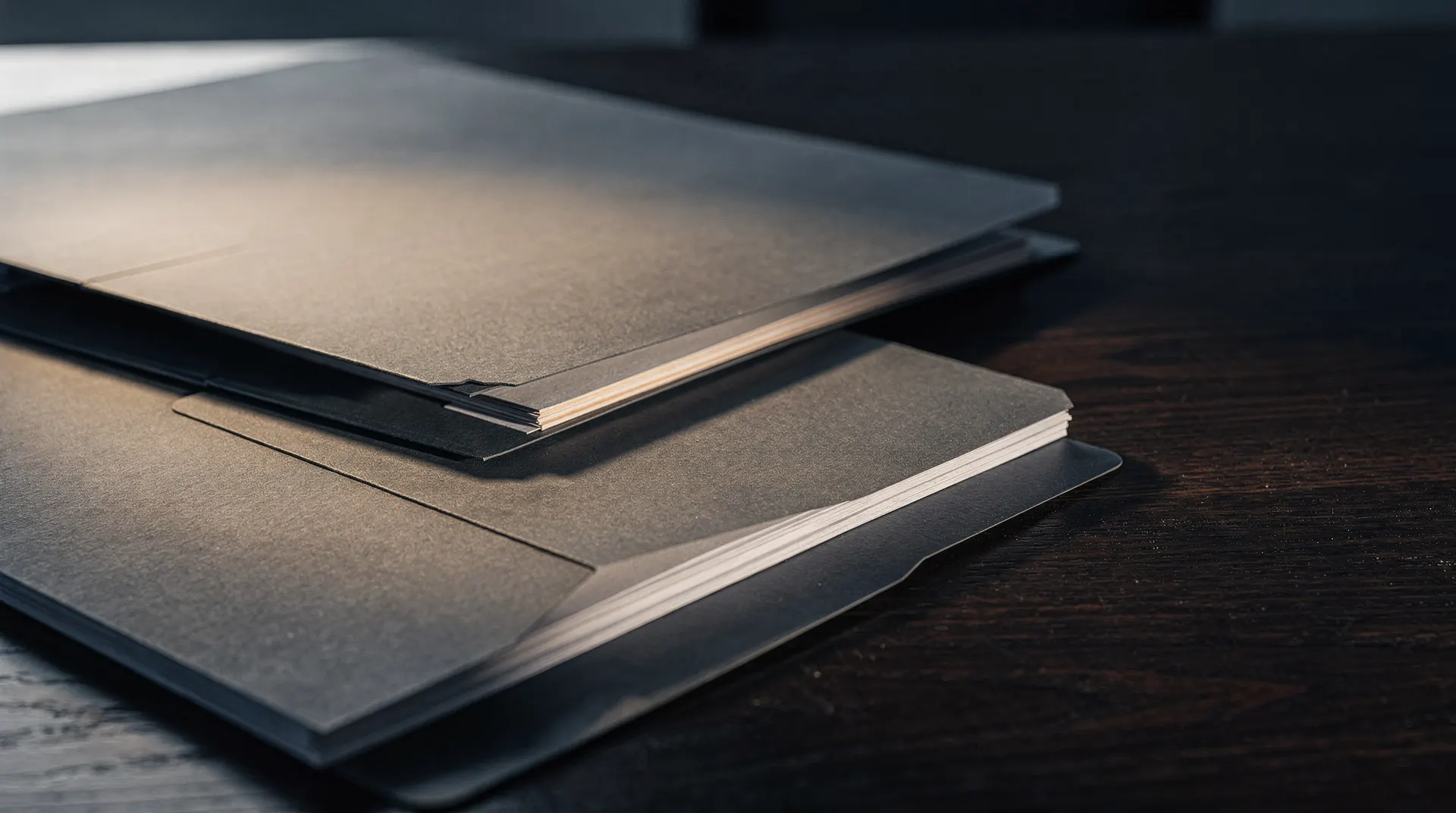 Two unmarked filing folders rest slightly apart on a dark wooden desk in warm side light.
