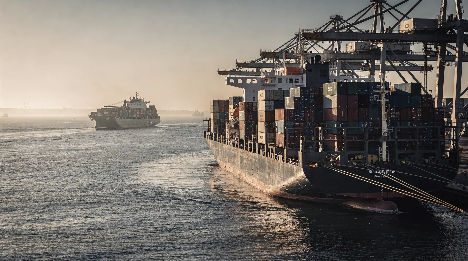 One container ship leaves a port while another remains at a crane-lined berth in the distance.