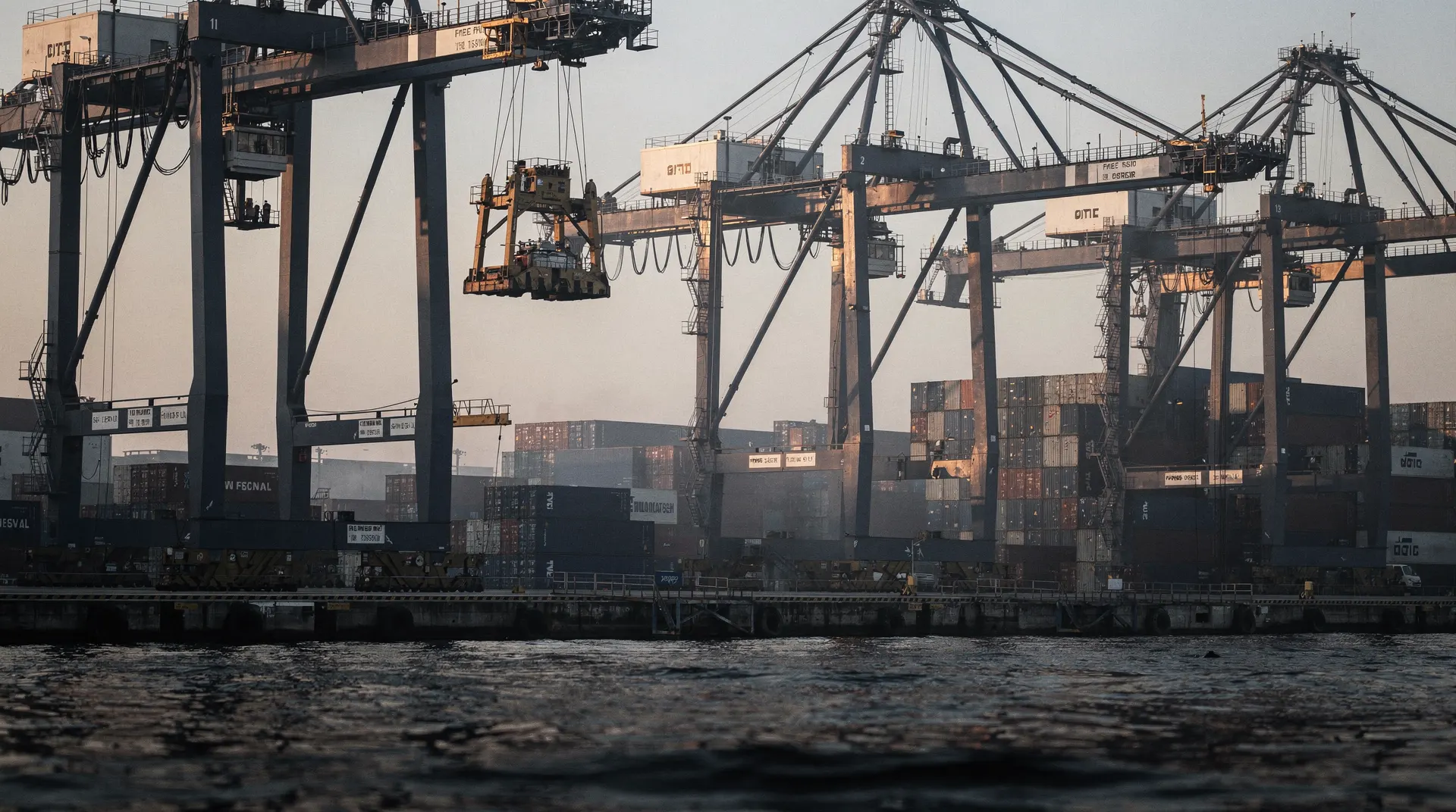 Ship-to-shore cranes rise above stacked containers at a port.