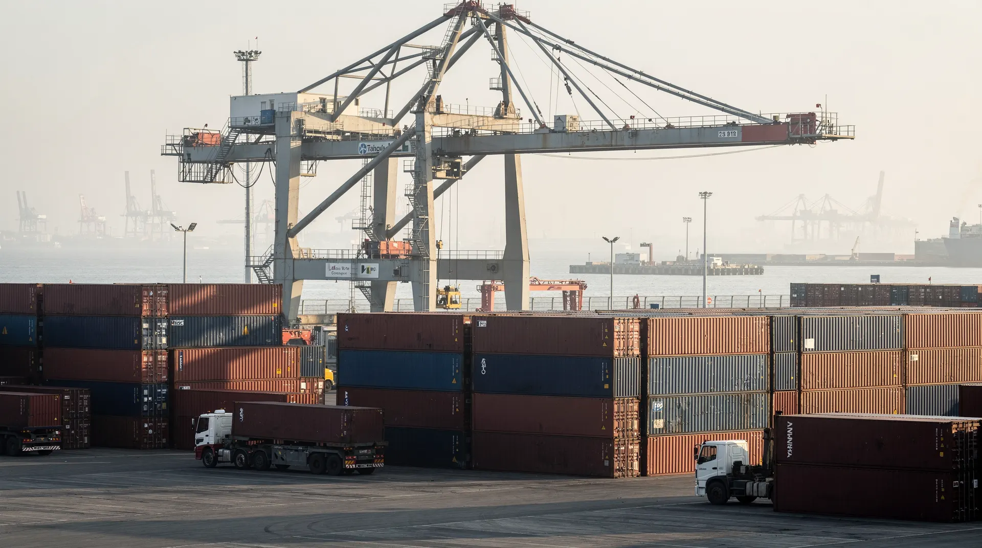 A container ship sits beneath port cranes, with another ship at a distant berth across open water.
