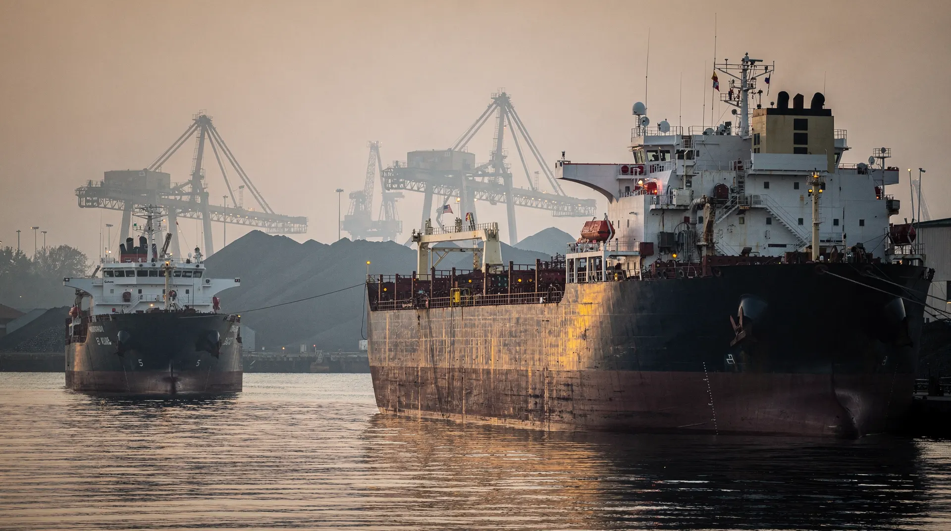 A large bulk carrier looms over a smaller one anchored nearby in a hazy industrial harbor at dusk.