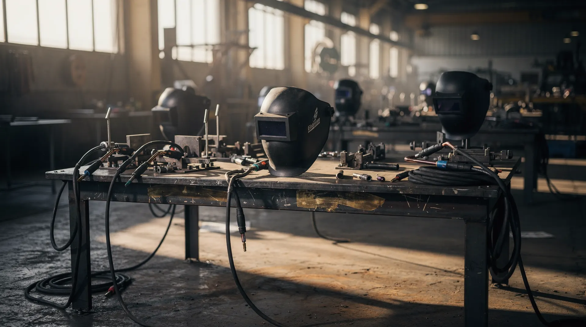 Unoccupied welding stations and steel worktables in a dim manufacturing bay.