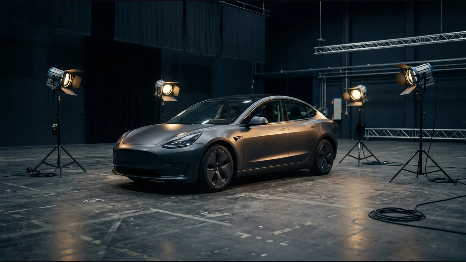 An unbranded electric car stands under studio spotlights on an empty film set.
