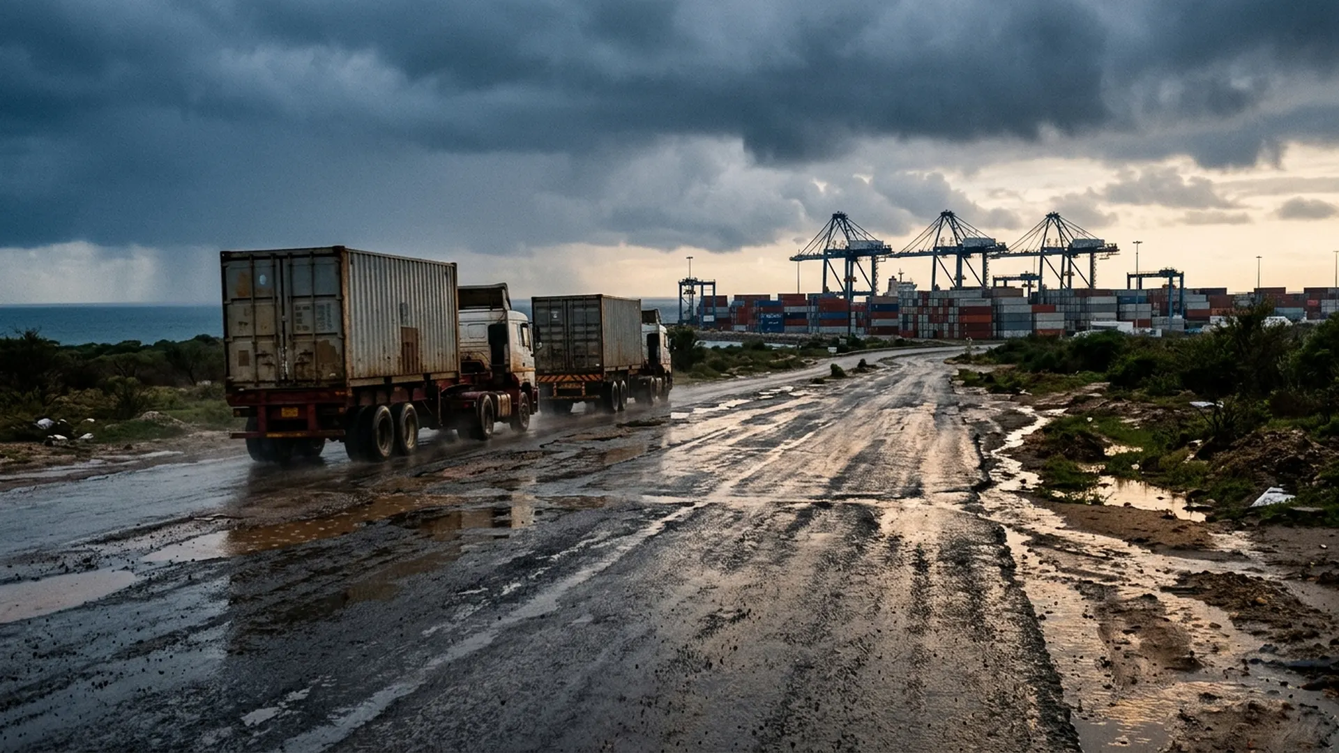 Freight trucks travel an open, rain-soaked road toward a container terminal beneath low clouds.