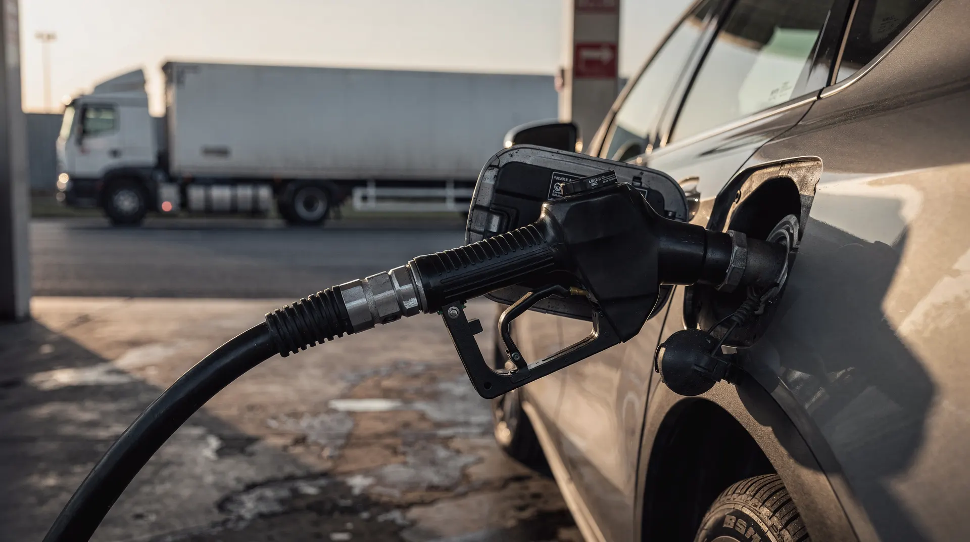 A gasoline pump nozzle sits beside a car’s open fuel filler, with a freight truck blurred in the distance.