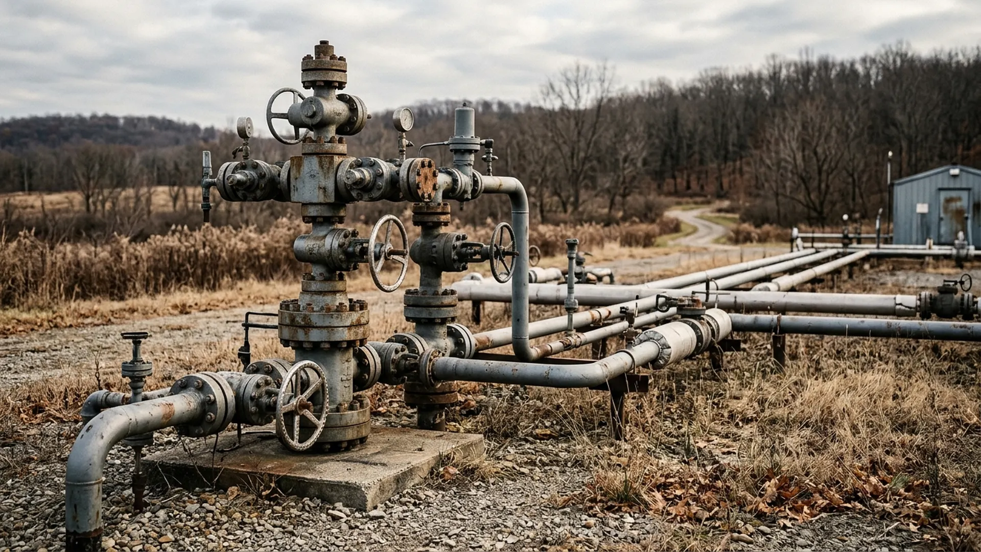 A natural gas storage wellhead and steel pipes stand amid dry grass beneath an overcast autumn sky.