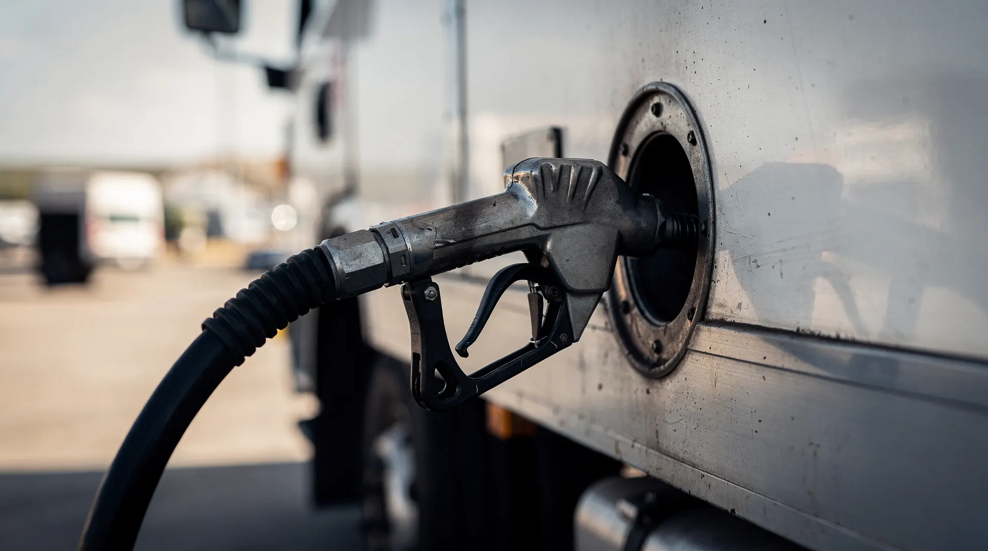 A fuel-pump nozzle fills a truck's tank at a softly blurred station.