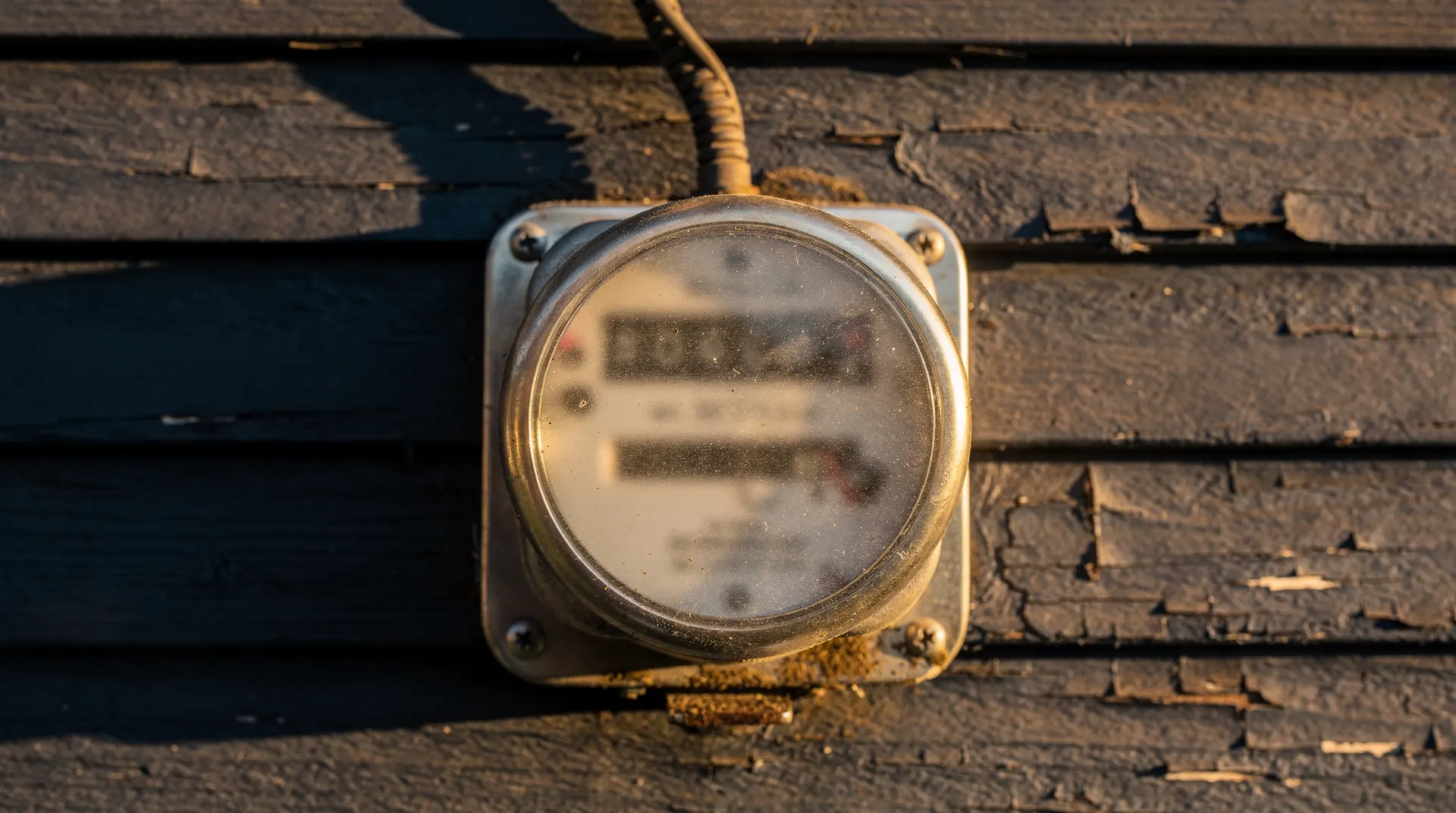 Close-up of a house-side electric meter with a softly lit dial, no numerals visible, in warm dusk light.