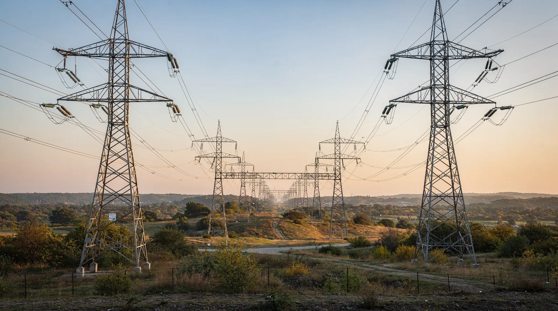 Two transmission corridors approach an electrical substation beneath a clear evening sky.