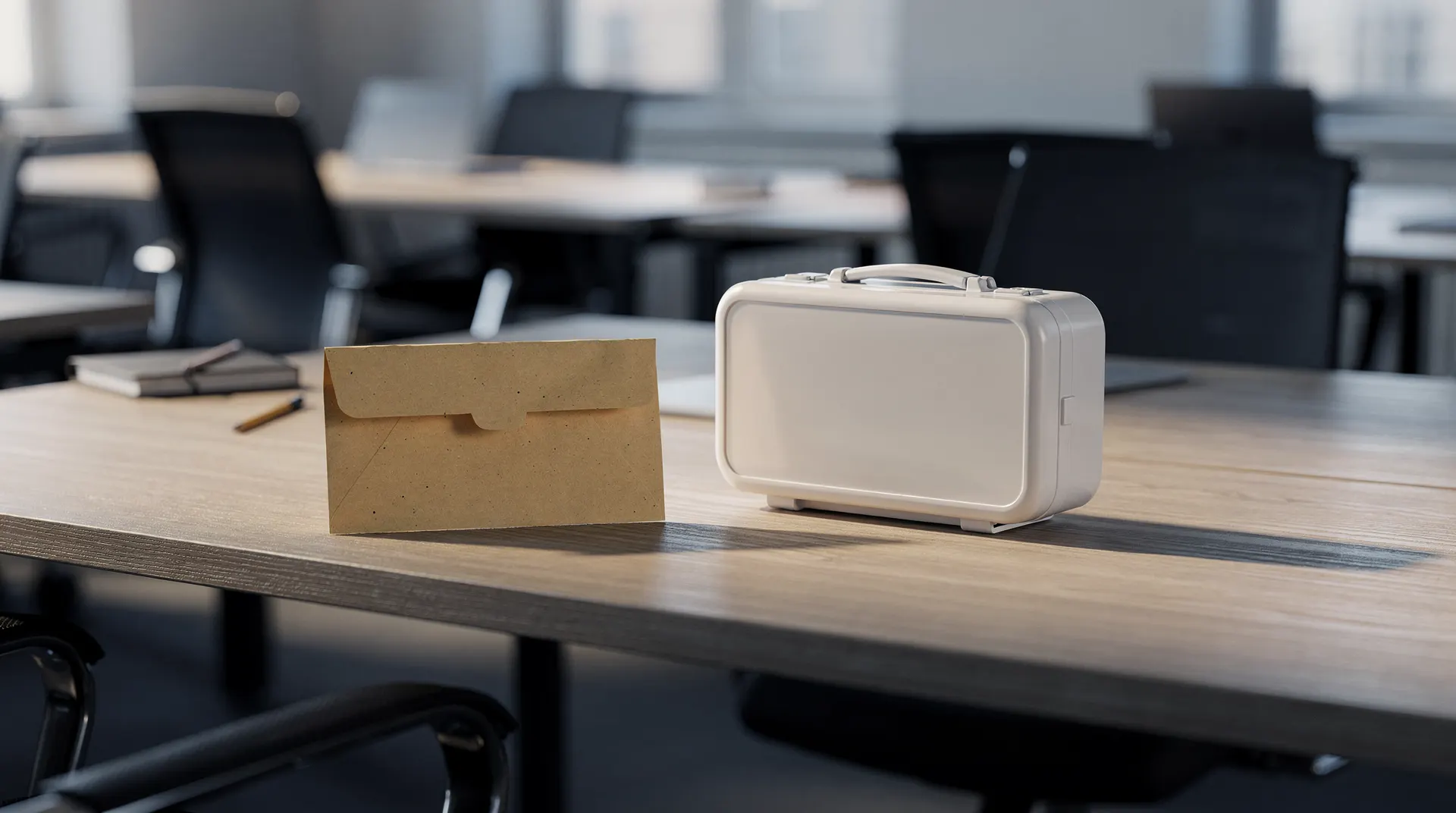 A sealed envelope and unmarked medical kit rest on an empty office desk, with more desks behind them.