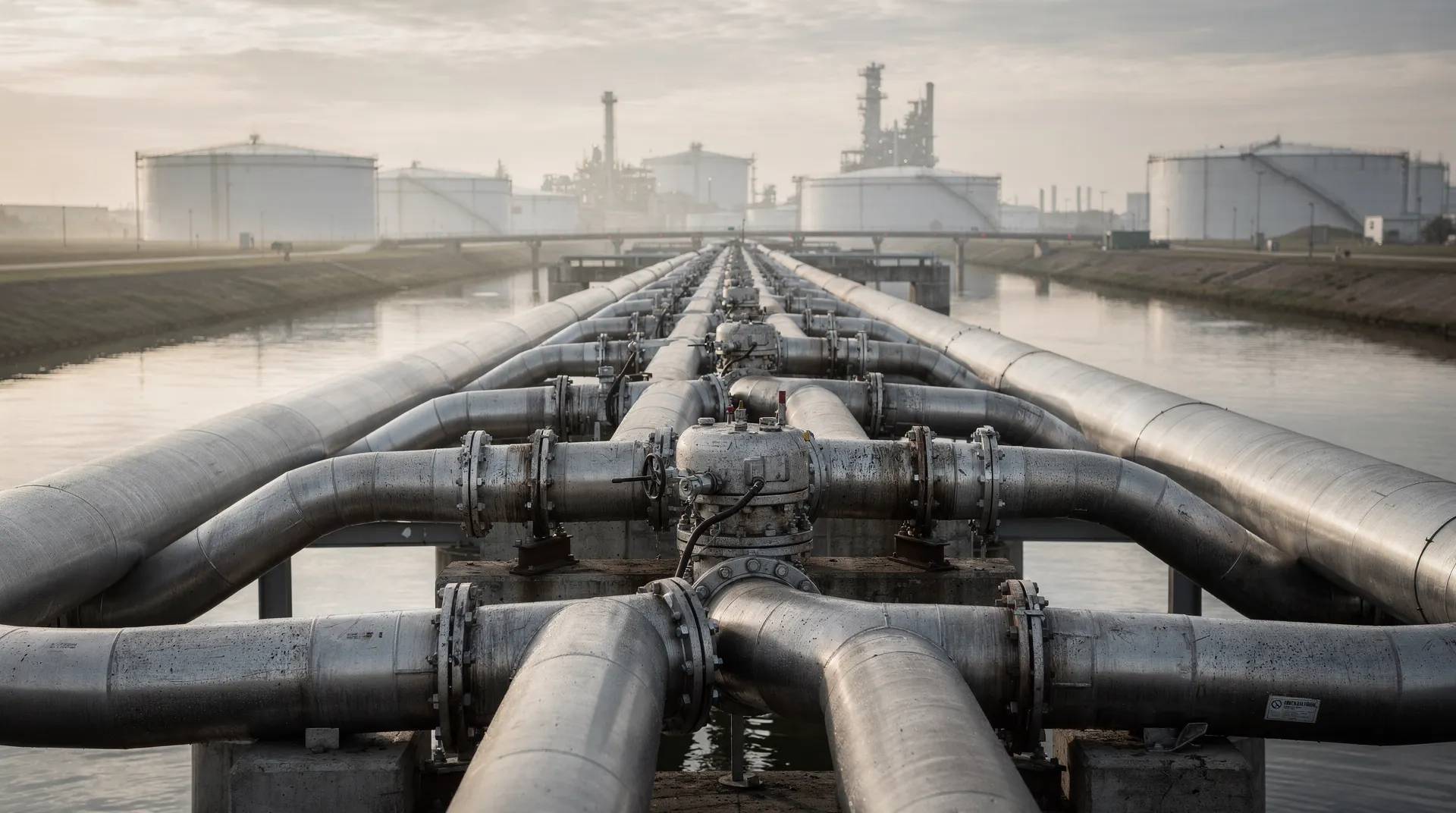A complex network of large metal pipes with valves running over a body of water towards an industrial facility with storage tanks and smokestacks under a hazy sky.