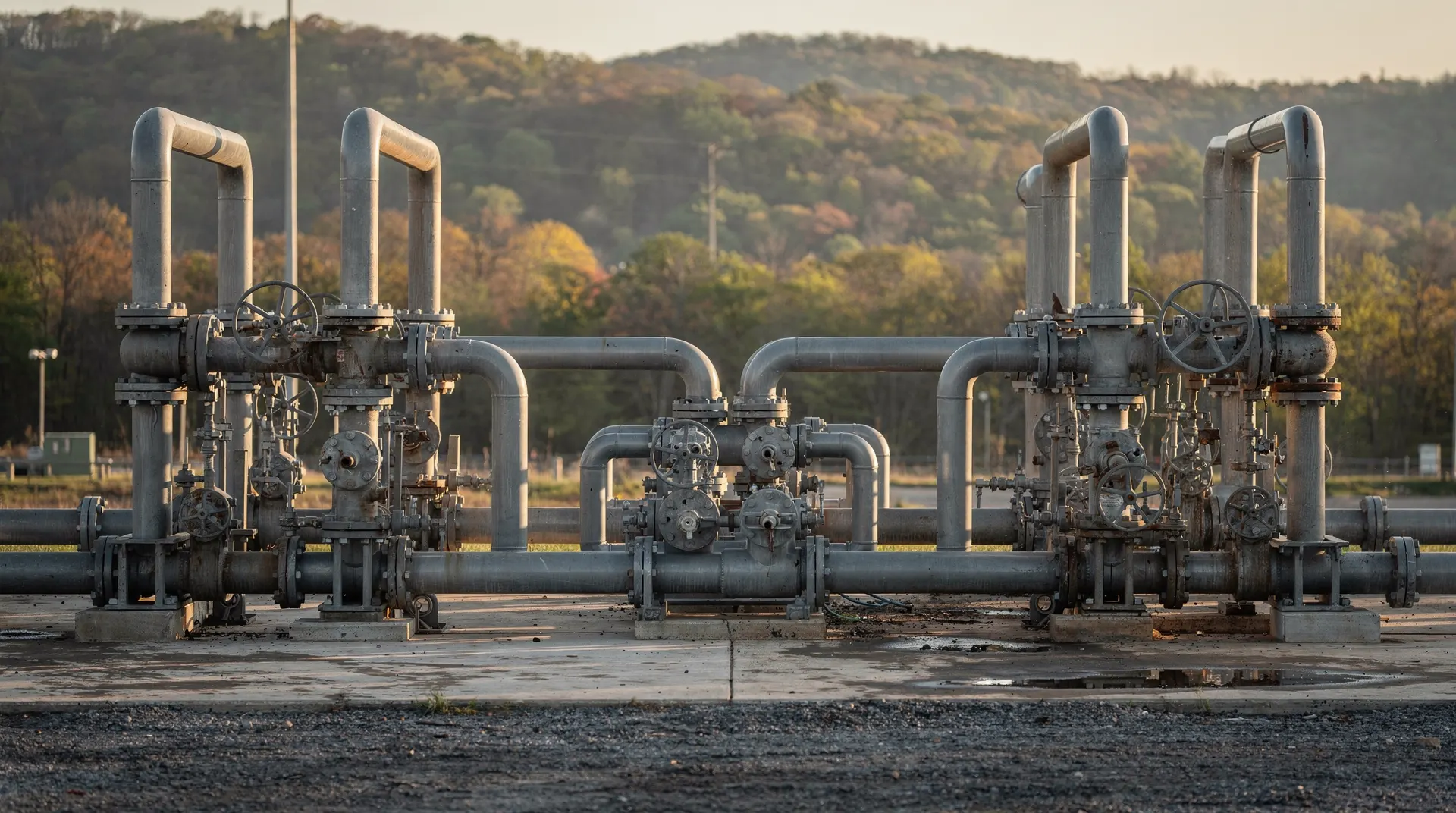 Two groups of natural gas wellheads feed pipes into a shared manifold on a wooded production pad.