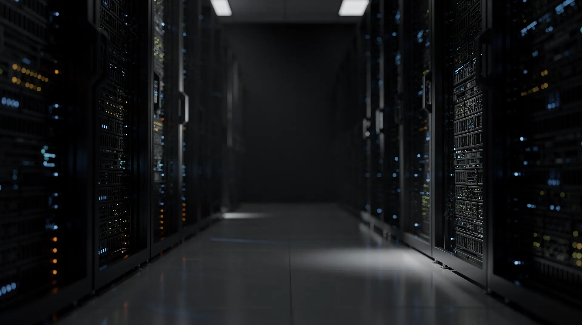 Modern data center server aisle with glowing rack lights